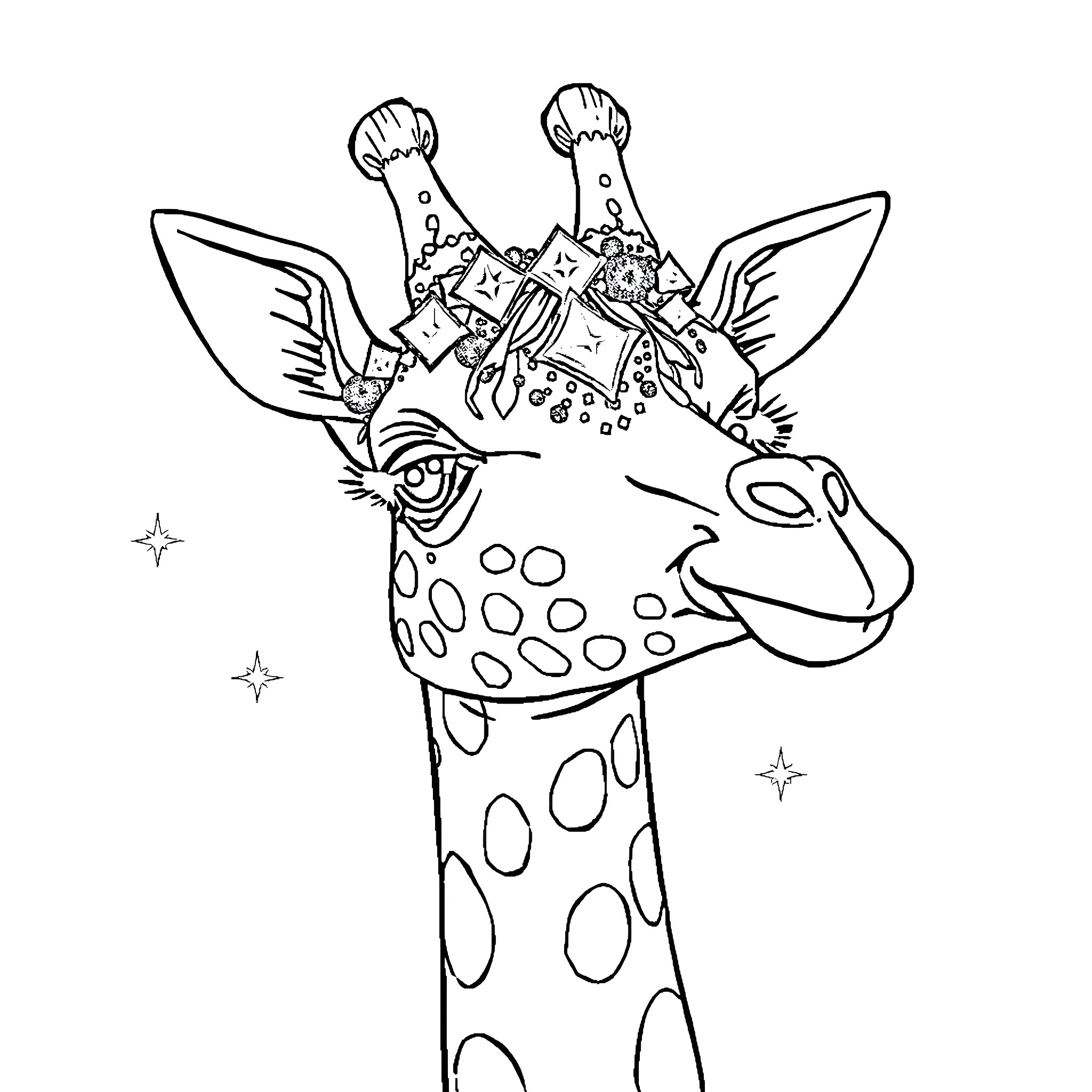 Jewraffe in fancy outfit and headpiece Coloring Page (free black-and-white line drawing printable PDF for all, from beginners to advanced learners, including children, teens, adults, and seniors)