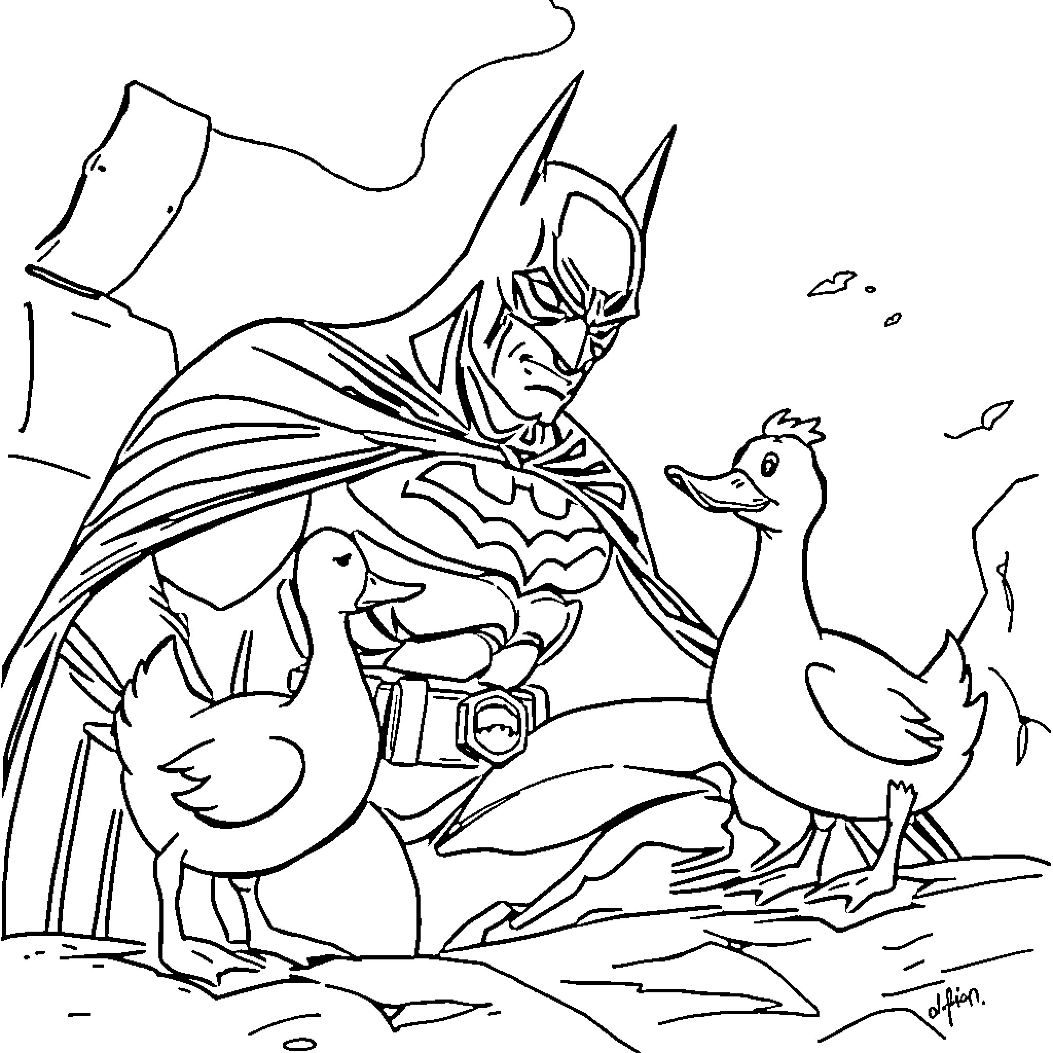 Batman protects animals in the wilderness Coloring Page (free black-and-white line drawing printable PDF for all, from beginners to advanced learners, including children, teens, adults, and seniors)
