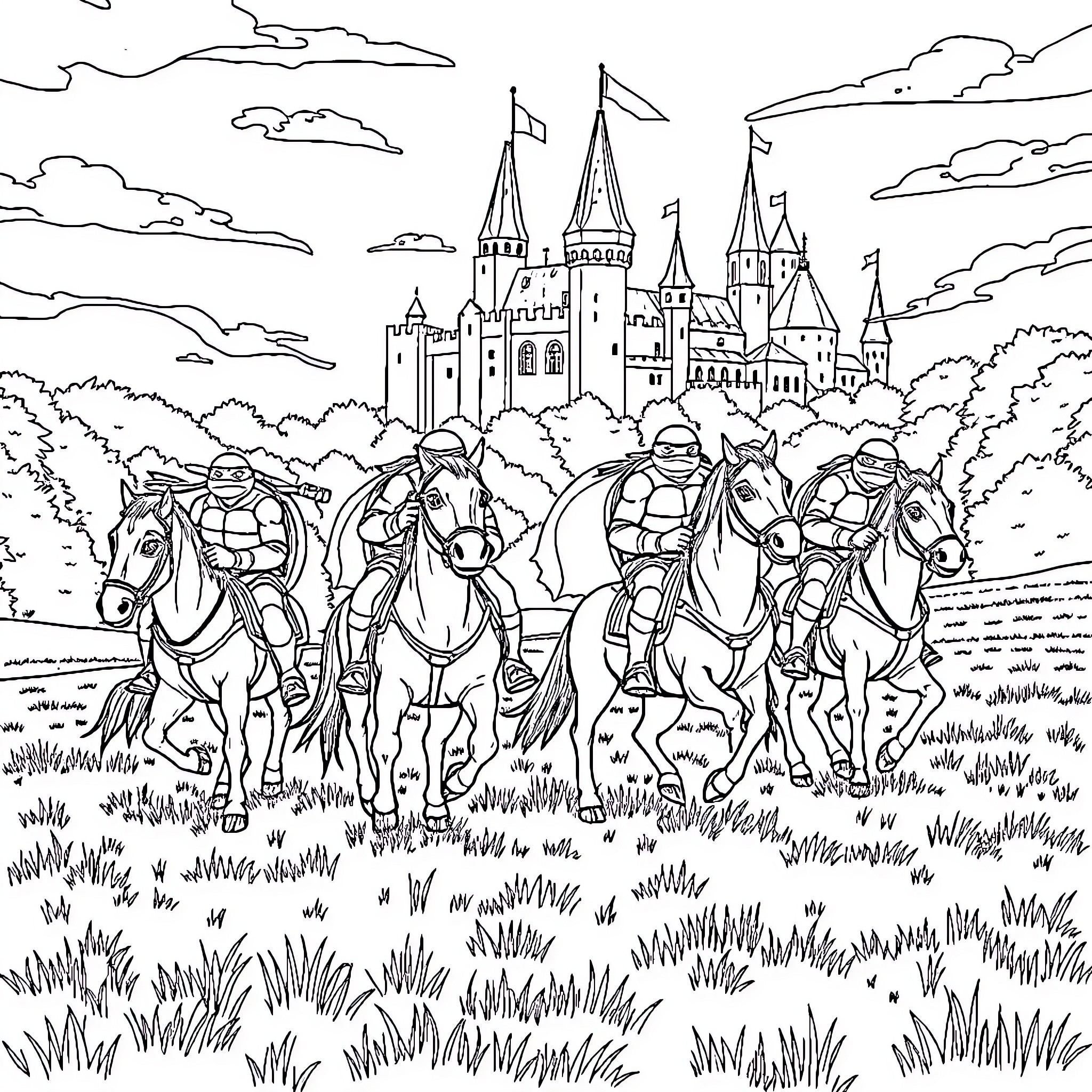 Ninja Turtle Soldiers Riding Horses Towards Castle Coloring Page (free black-and-white line drawing printable PDF for all, from beginners to advanced learners, including children, teens, adults, and seniors)