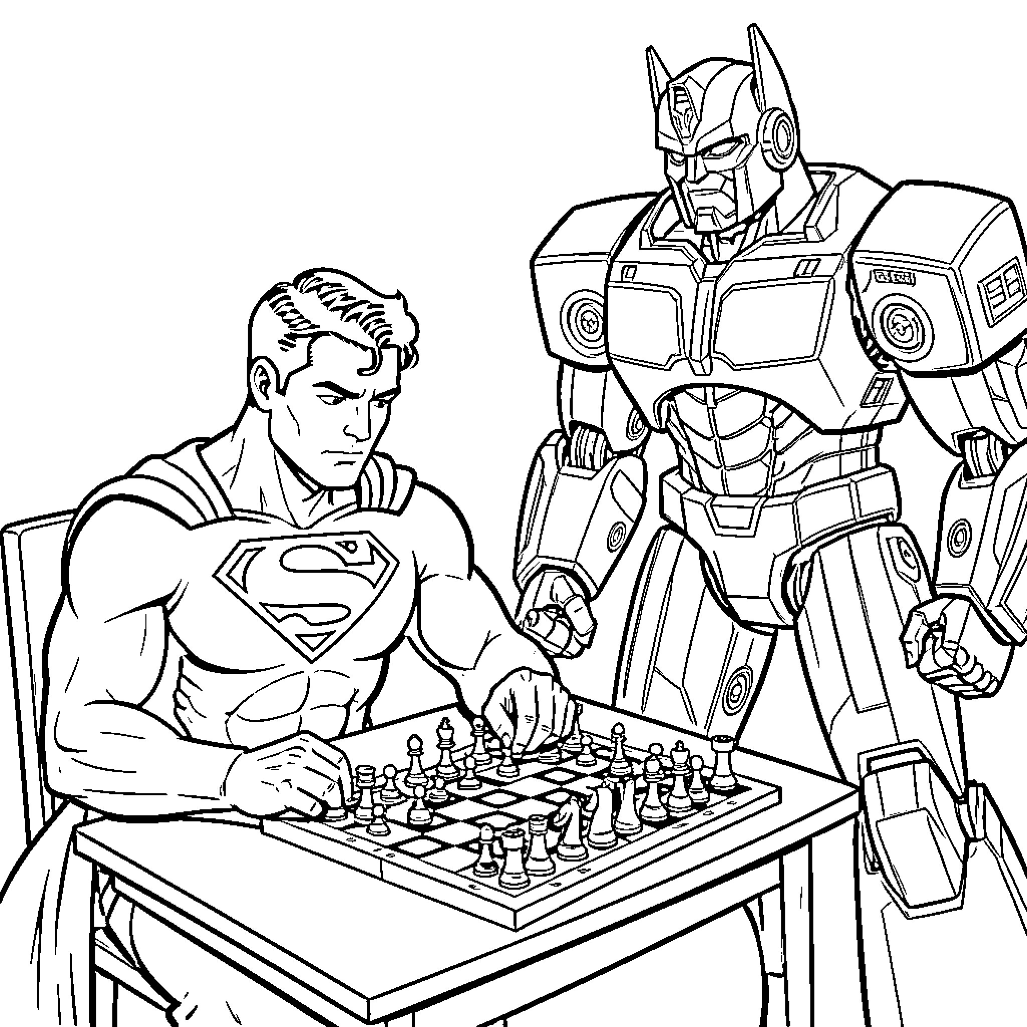 Superman plays chess with a robot friend Coloring Page (free black-and-white line drawing printable PDF for all, from beginners to advanced learners, including children, teens, adults, and seniors)