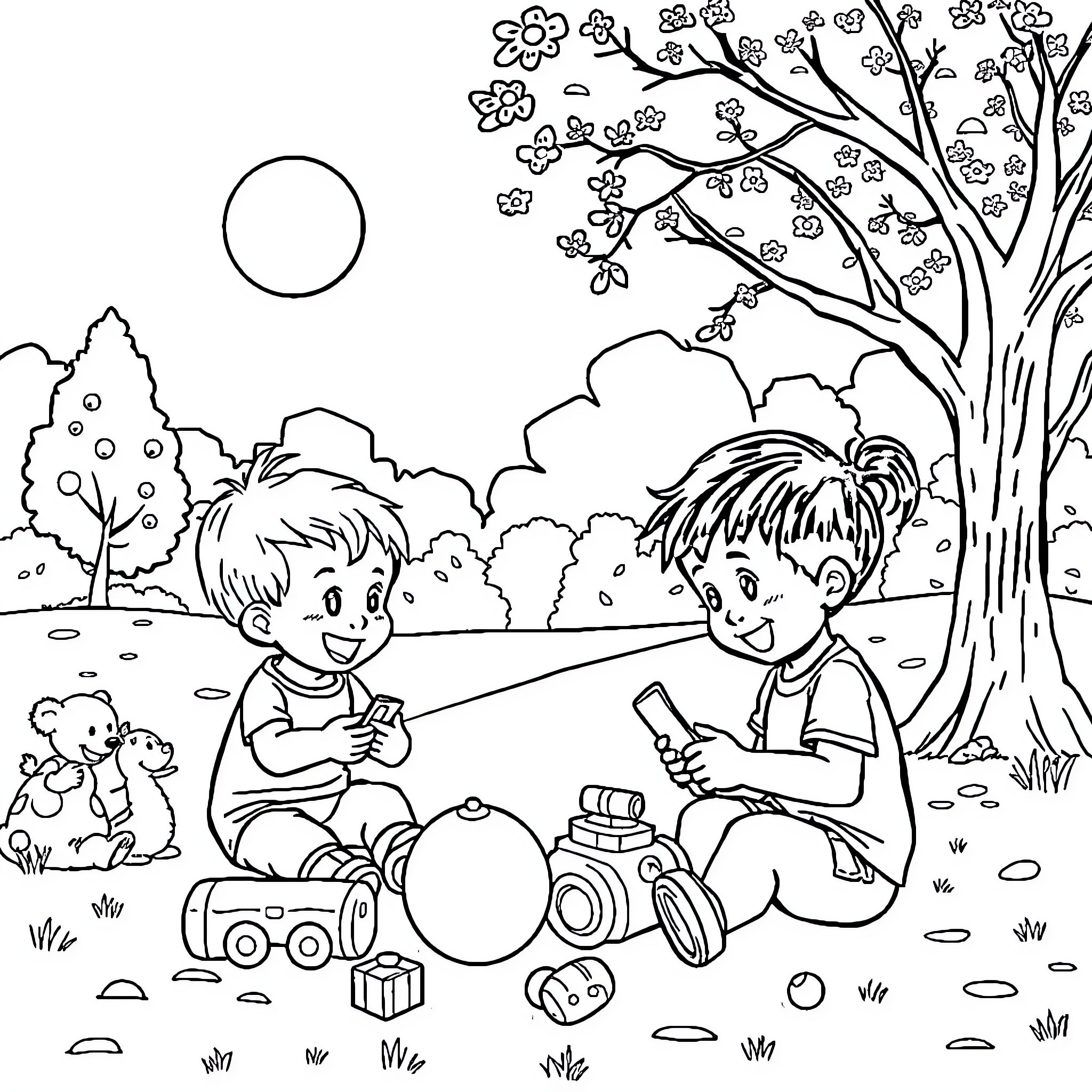 Kid playing with toys in the park Coloring Page (free black-and-white line drawing printable PDF for all, from beginners to advanced learners, including children, teens, adults, and seniors)