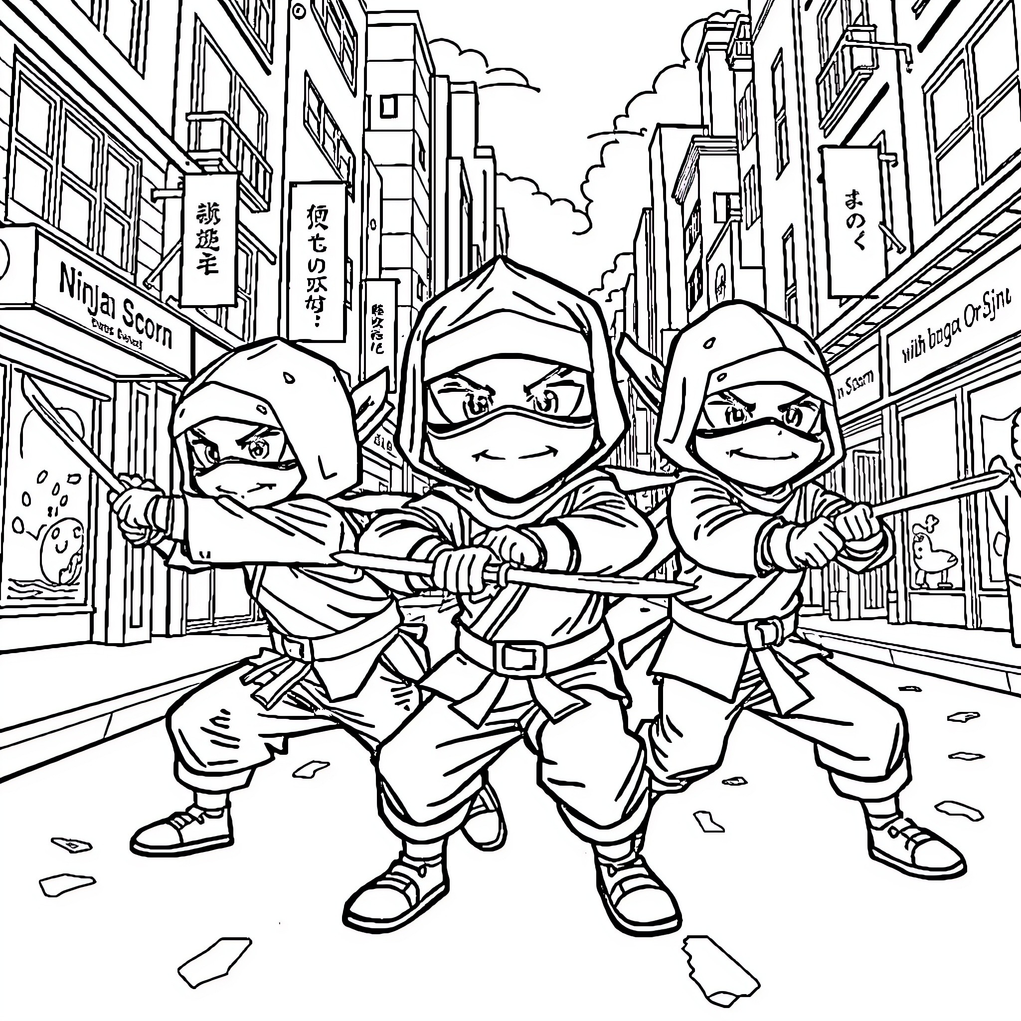 Ninja Trio Engaging in Action on City Streets Coloring Page (free black-and-white line drawing printable PDF for all, from beginners to advanced learners, including children, teens, adults, and seniors)