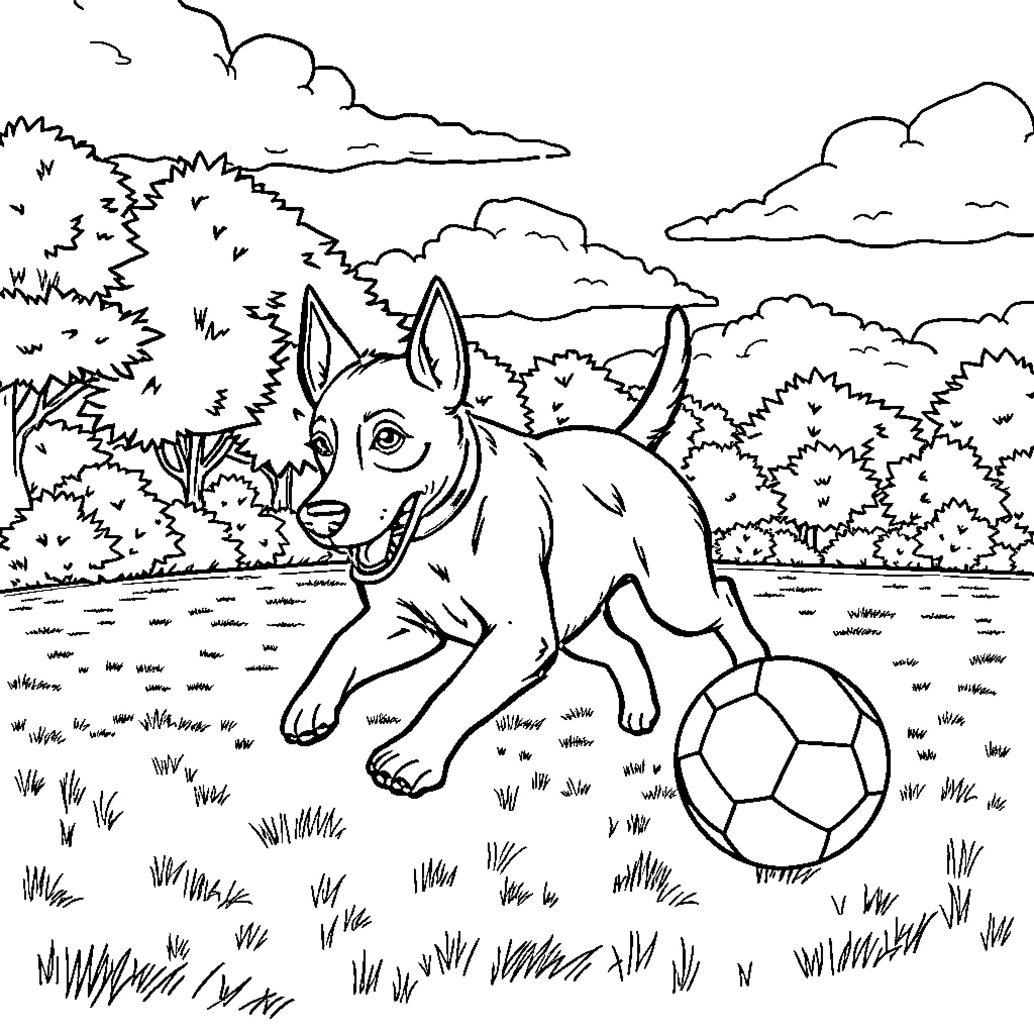 Dog playing with soccer ball in the park Coloring Page (free black-and-white line drawing printable PDF for all, from beginners to advanced learners, including children, teens, adults, and seniors)