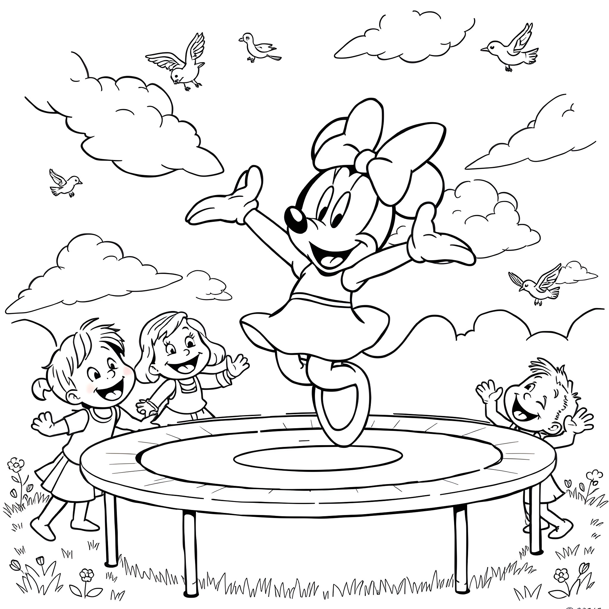 Minnie Mouse playing joyfully with children on trampoline Coloring Page (free black-and-white line drawing printable PDF for all, from beginners to advanced learners, including children, teens, adults, and seniors)