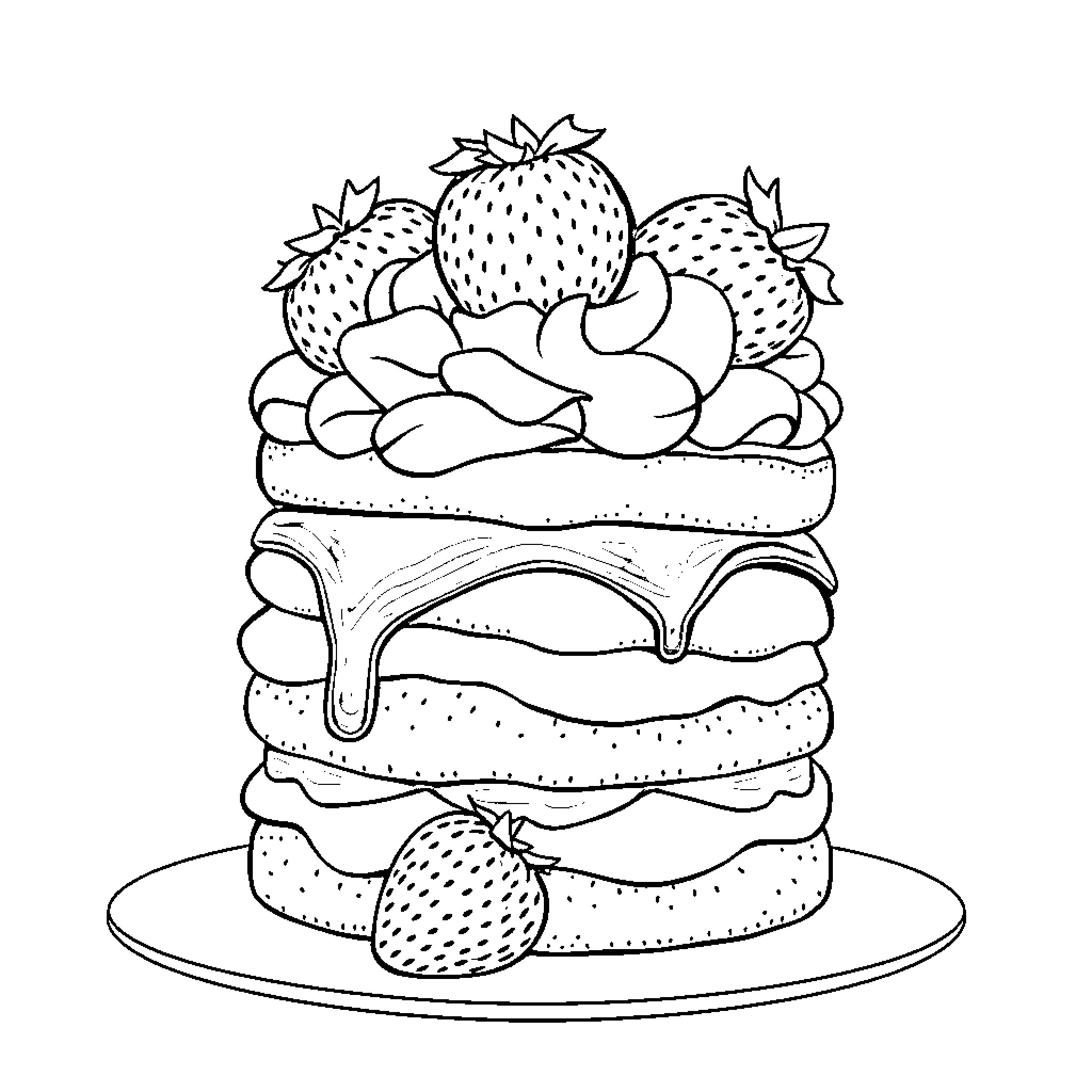 Strawberry Delight: A Tempting Layered Dessert Coloring Page (free black-and-white line drawing printable PDF for all, from beginners to advanced learners, including children, teens, adults, and seniors)