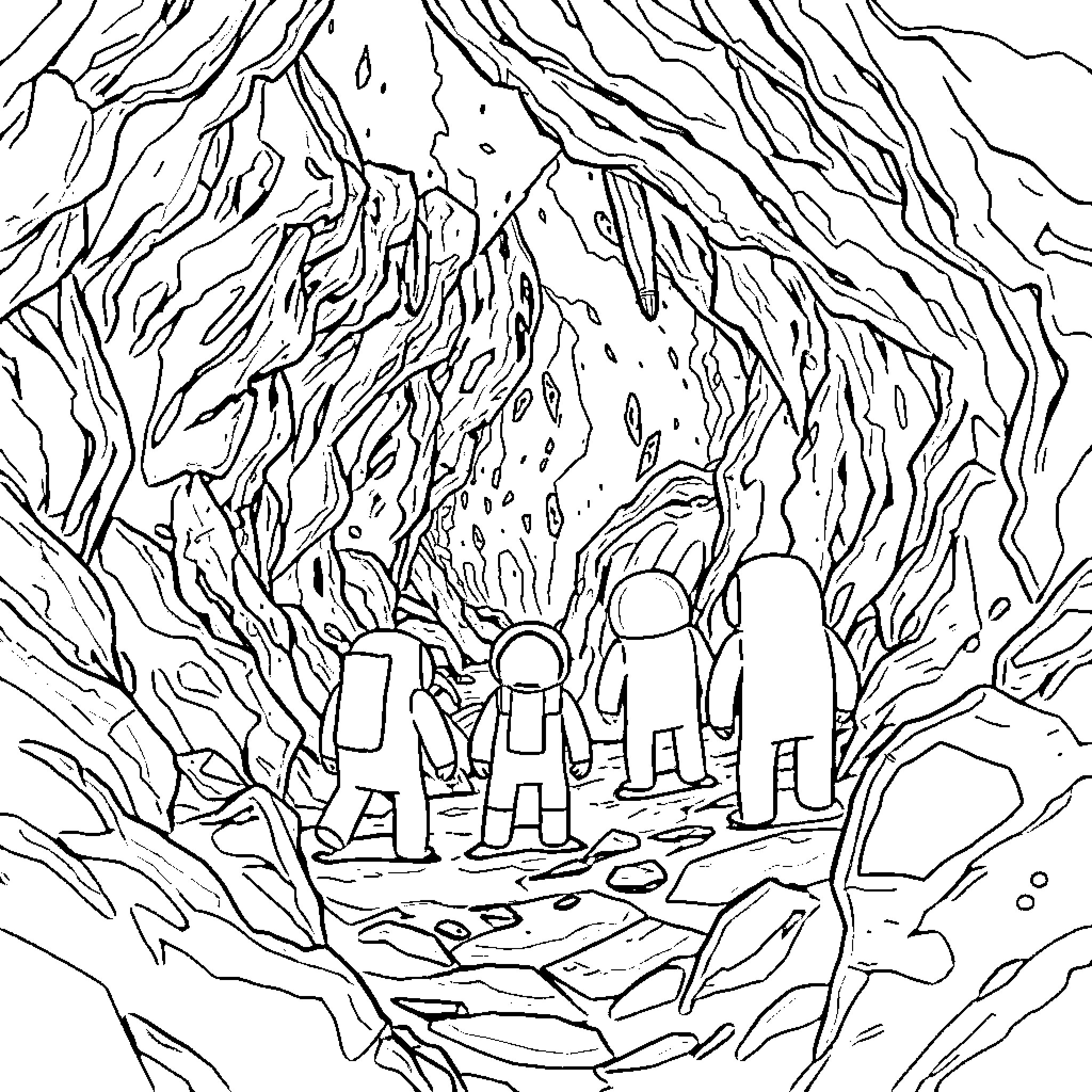Among Us Astronauts Exploring Alien Landscape Coloring Page (free black-and-white line drawing printable PDF for all, from beginners to advanced learners, including children, teens, adults, and seniors)