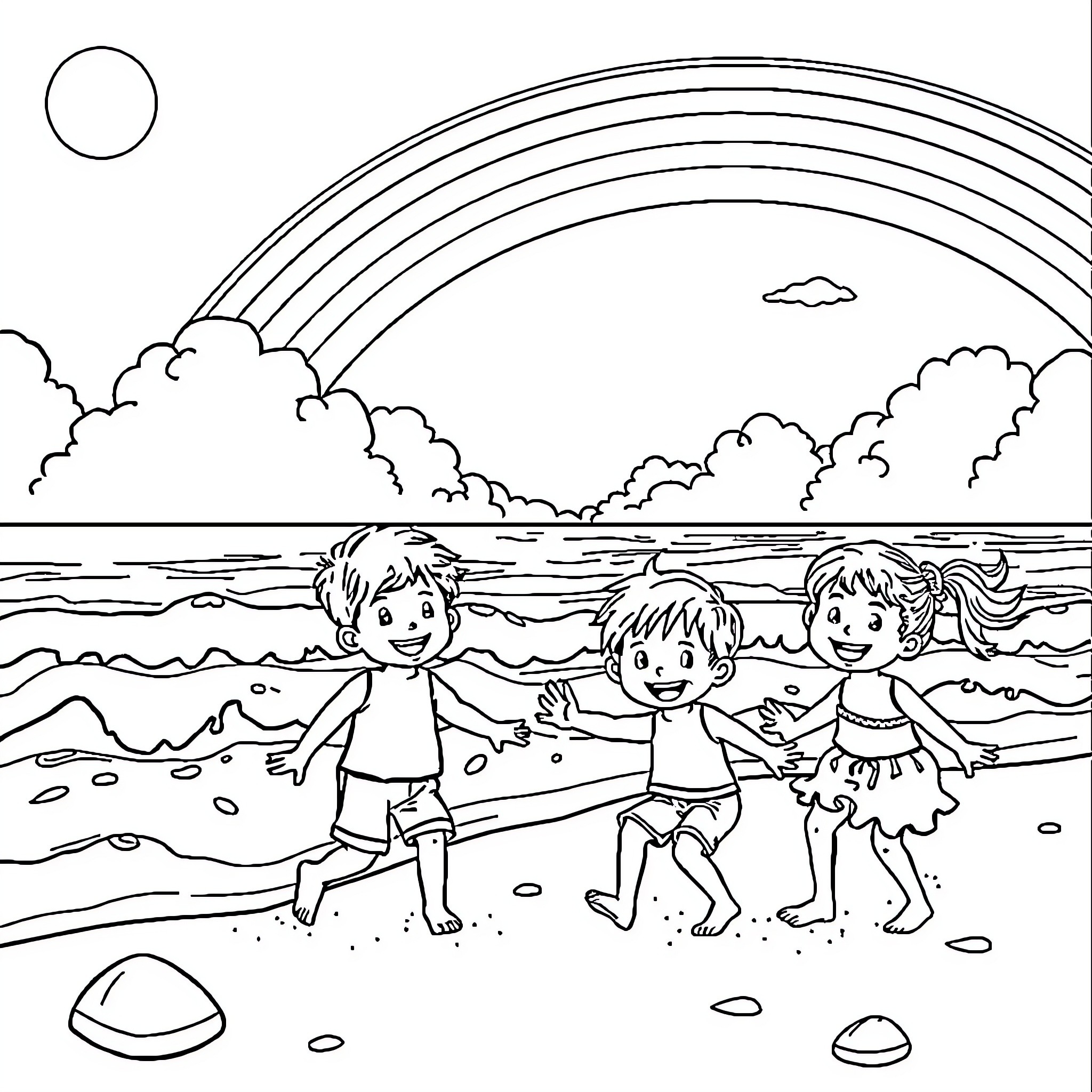 Kid Playing on Beach under Rainbow Coloring Page (free black-and-white line drawing printable PDF for all, from beginners to advanced learners, including children, teens, adults, and seniors)