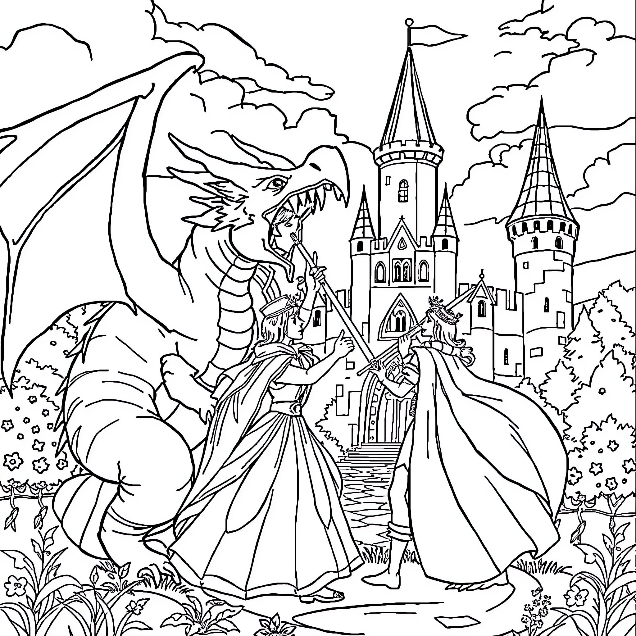Prince and Princess in Enchanted Castle Coloring Page (free black-and-white line drawing printable PDF for all, from beginners to advanced learners, including children, teens, adults, and seniors)