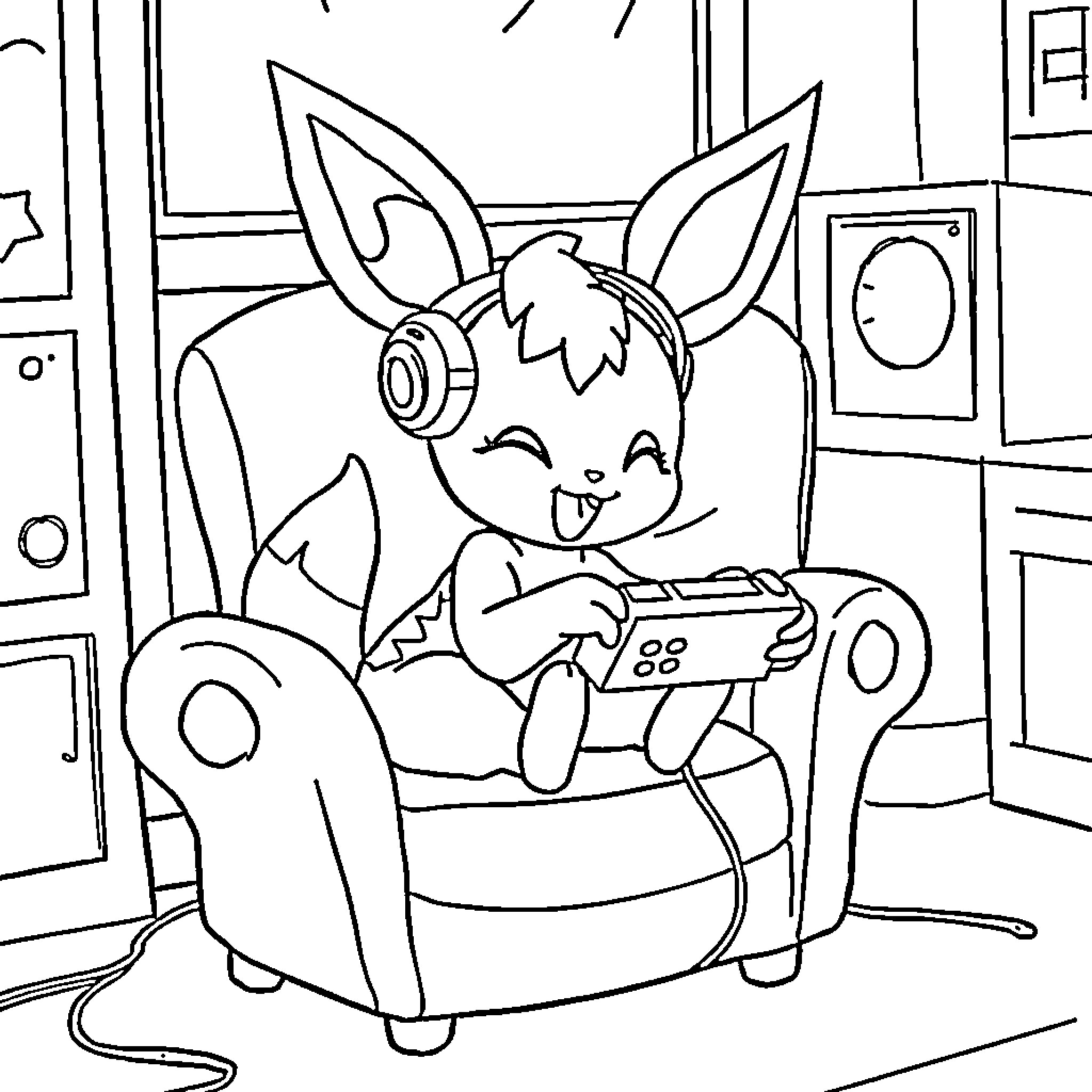 Sylveon playing video games happily in the room Coloring Page (free black-and-white line drawing printable PDF for all, from beginners to advanced learners, including children, teens, adults, and seniors)