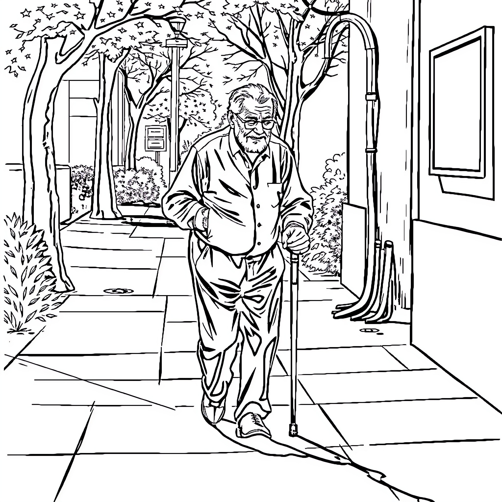 Man walking with cane on city sidewalk Coloring Page (free black-and-white line drawing printable PDF for all, from beginners to advanced learners, including children, teens, adults, and seniors)