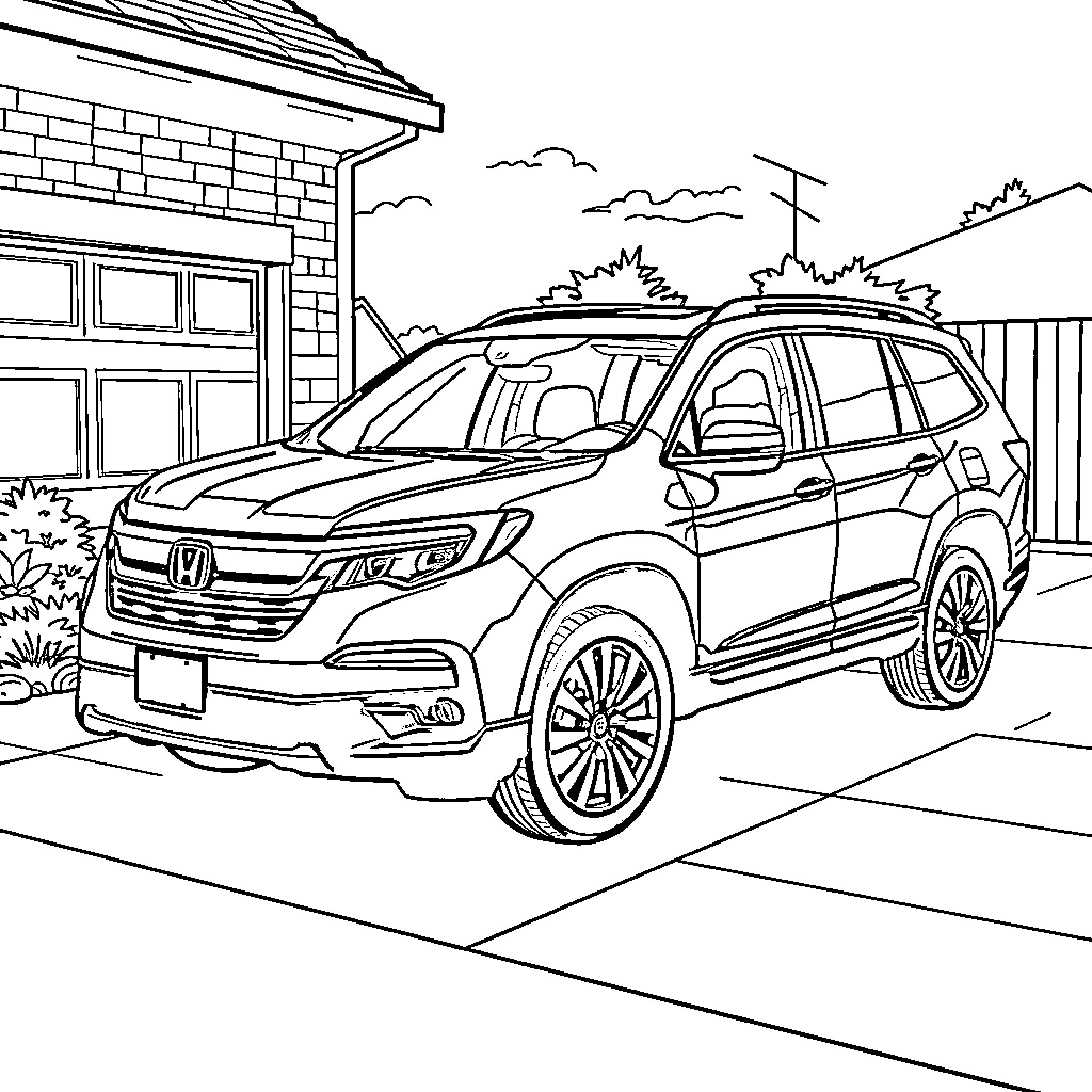Honda Pilot parked in front of house Coloring Page (free black-and-white line drawing printable PDF for all, from beginners to advanced learners, including children, teens, adults, and seniors)