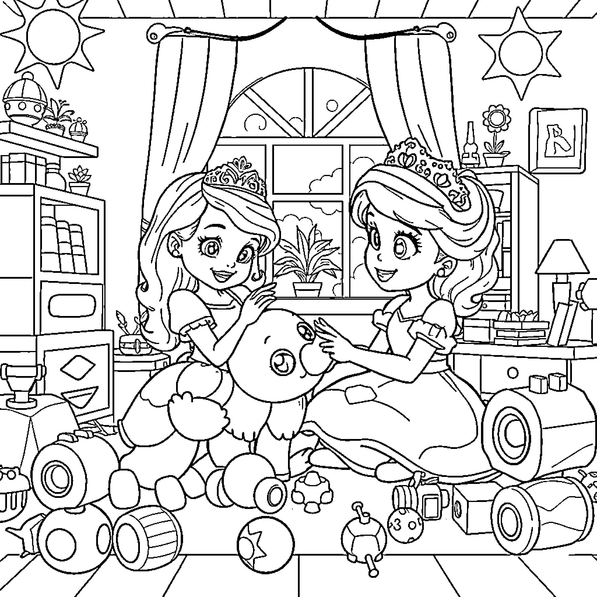 Sofia's Playtime with Toys and Stuffed Animals Coloring Page (free black-and-white line drawing printable PDF for all, from beginners to advanced learners, including children, teens, adults, and seniors)