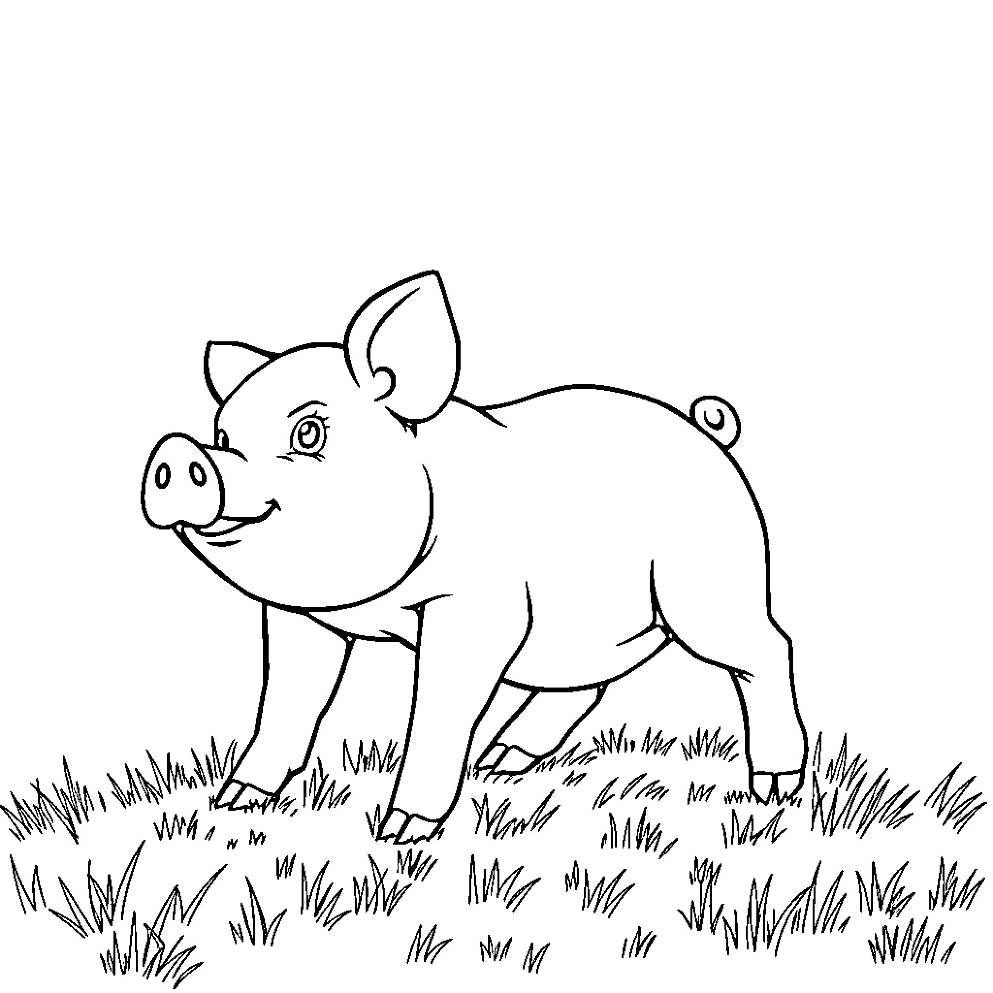 Pig happily standing in the grass Coloring Page (free black-and-white line drawing printable PDF for all, from beginners to advanced learners, including children, teens, adults, and seniors)
