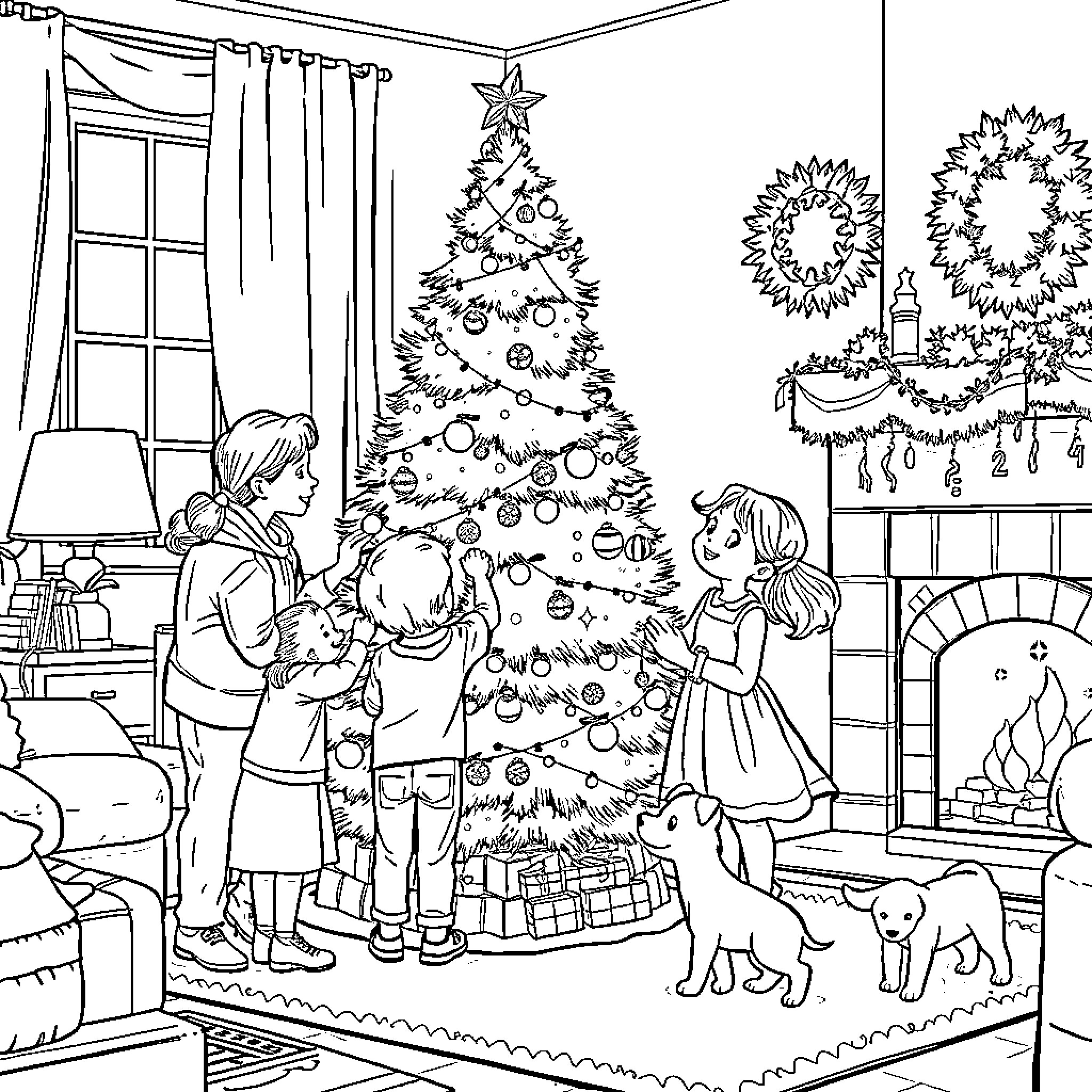 Family Decorating Christmas Tree Together at Home Coloring Page (free black-and-white line drawing printable PDF for all, from beginners to advanced learners, including children, teens, adults, and seniors)