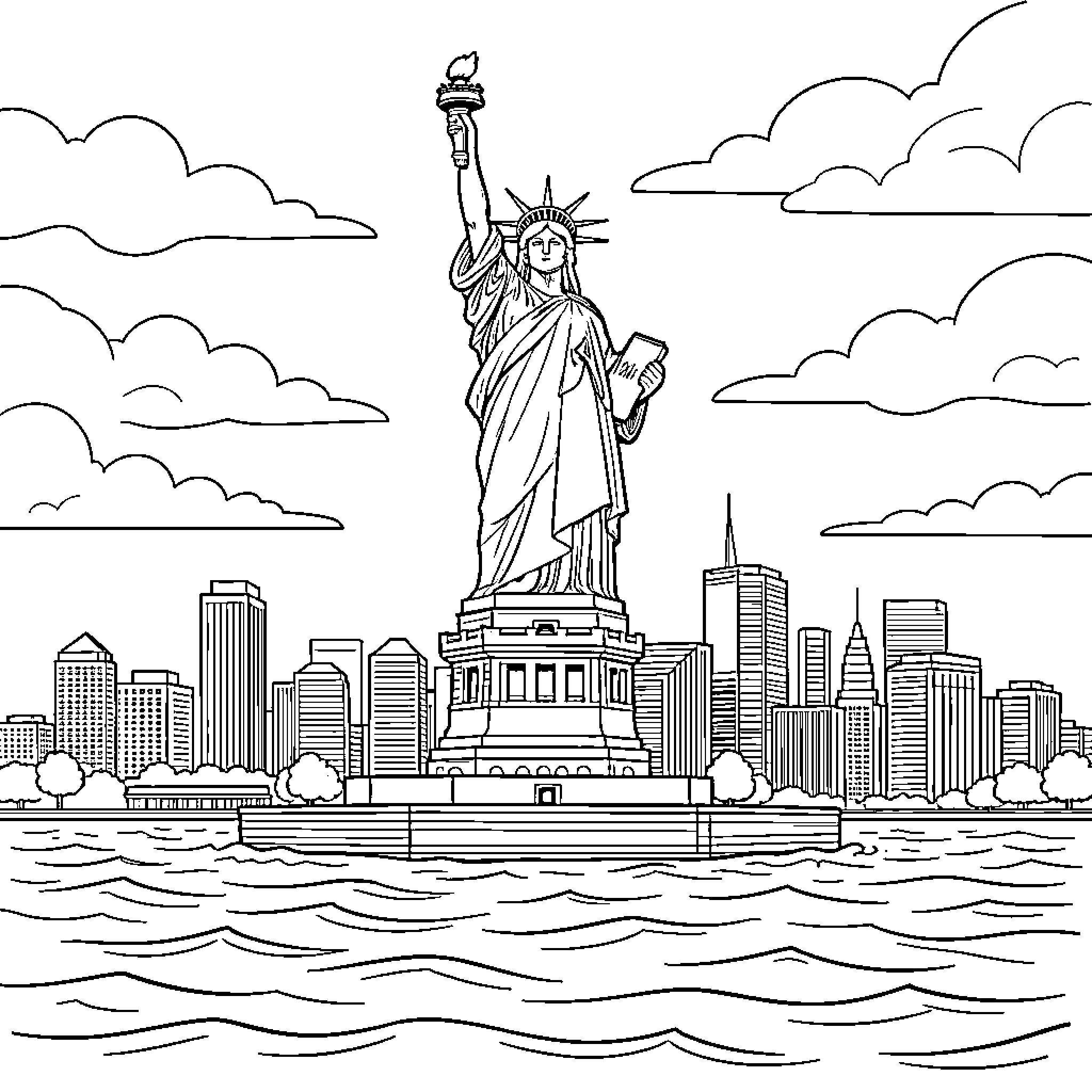 Statue Of Liberty overlooking the New York City skyline Coloring Page (free black-and-white line drawing printable PDF for all, from beginners to advanced learners, including children, teens, adults, and seniors)