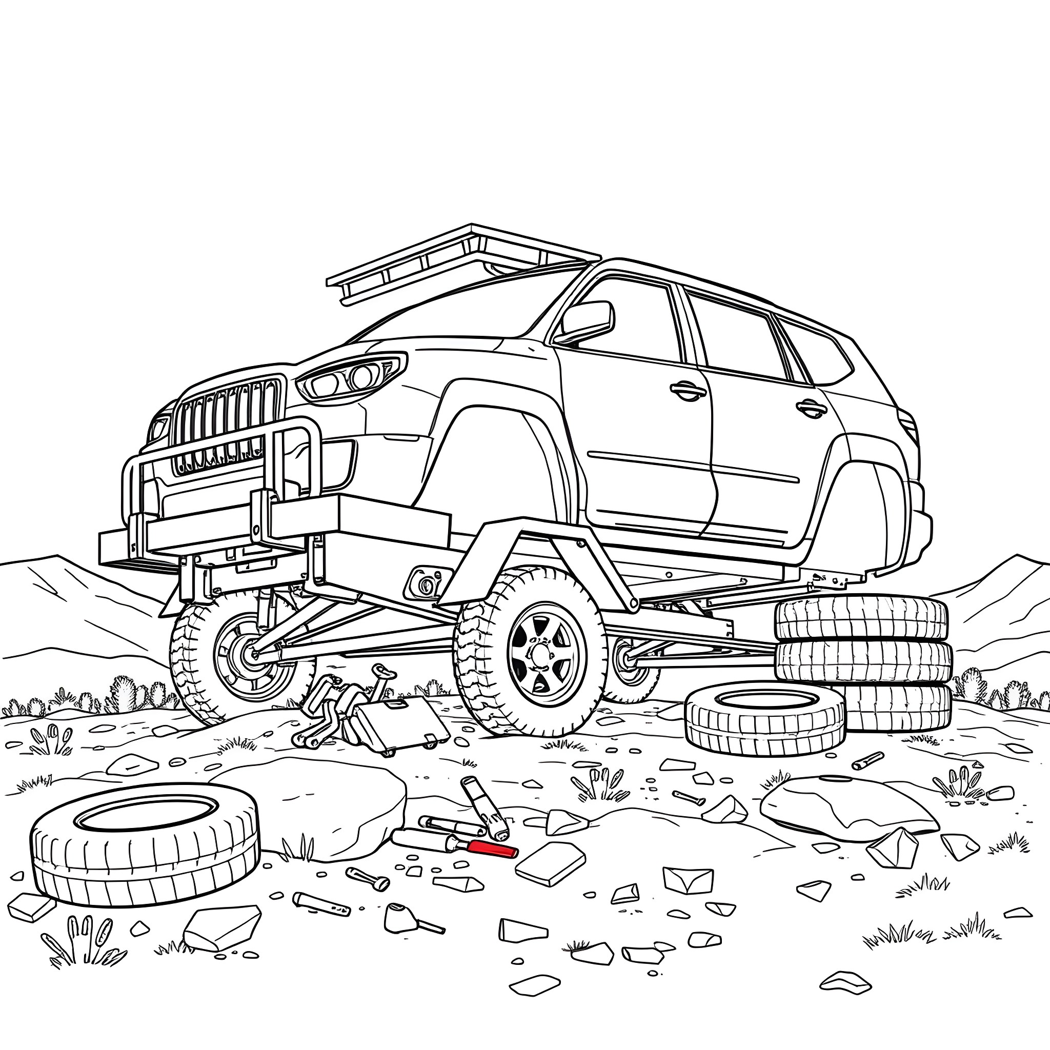 Car Trailer Traversing Rugged Terrain Coloring Page (free black-and-white line drawing printable PDF for all, from beginners to advanced learners, including children, teens, adults, and seniors)