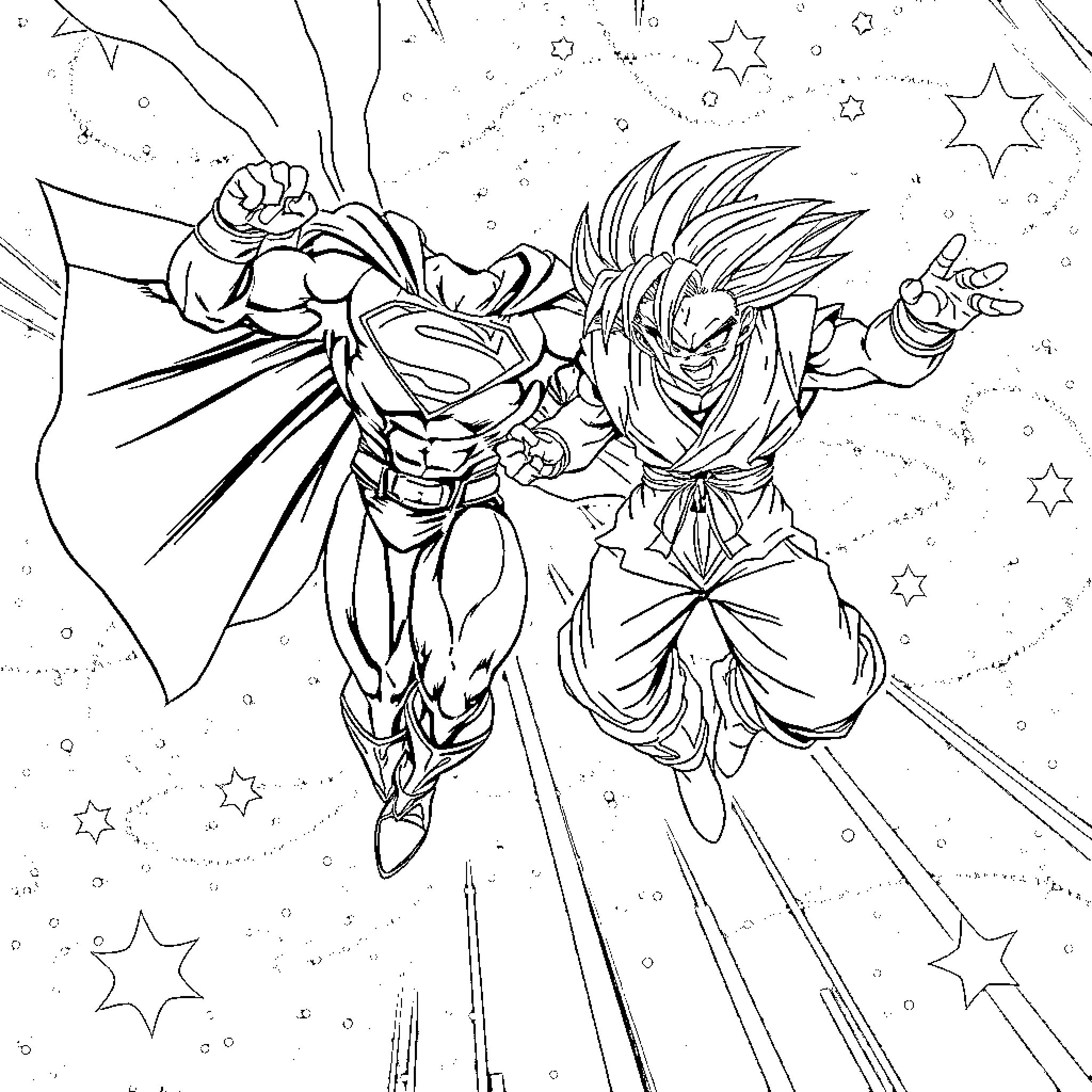 Superman and Goku in an epic battle Coloring Page (free black-and-white line drawing printable PDF for all, from beginners to advanced learners, including children, teens, adults, and seniors)