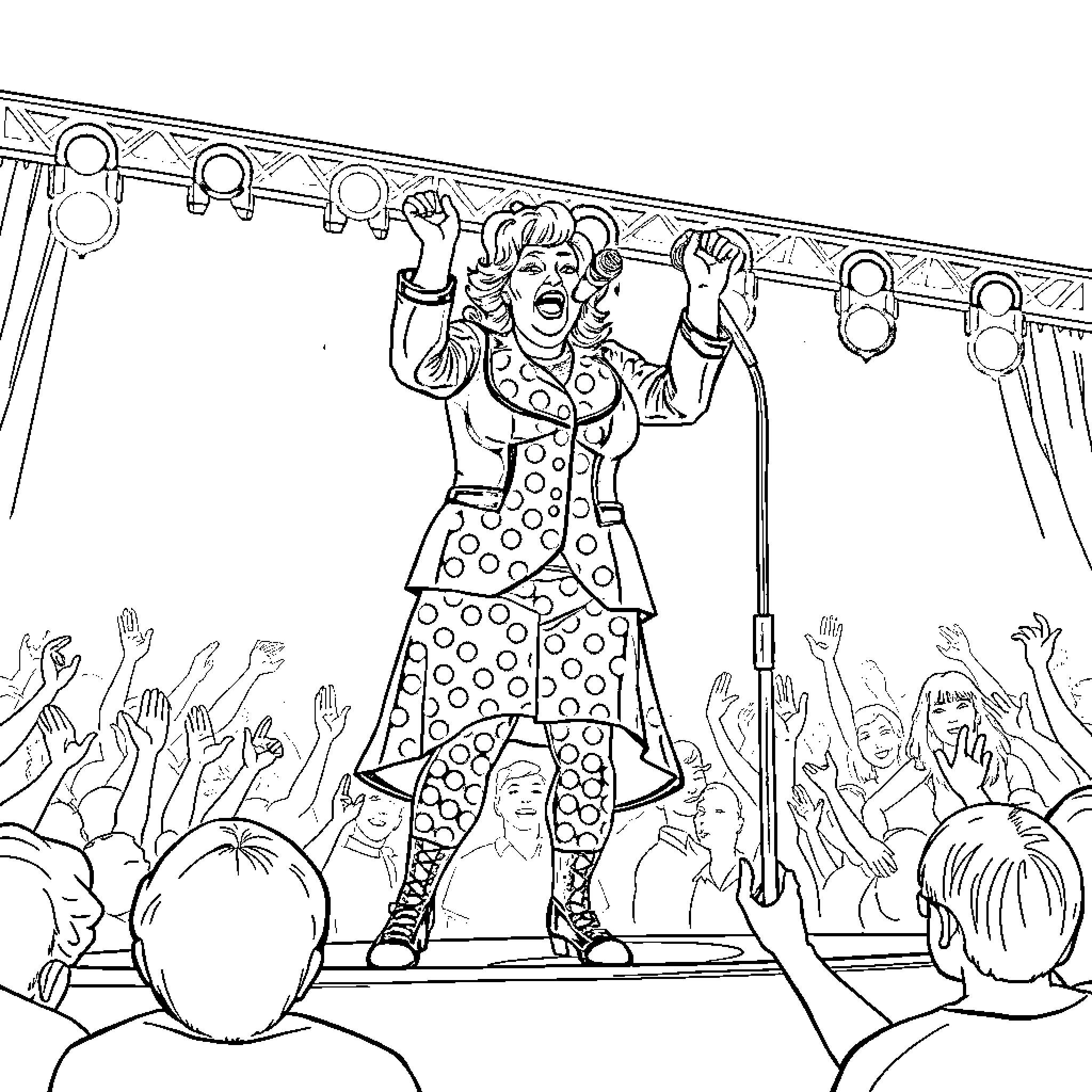 Mrs. Trunchbull's Theatrical Performance on Stage Coloring Page (free black-and-white line drawing printable PDF for all, from beginners to advanced learners, including children, teens, adults, and seniors)