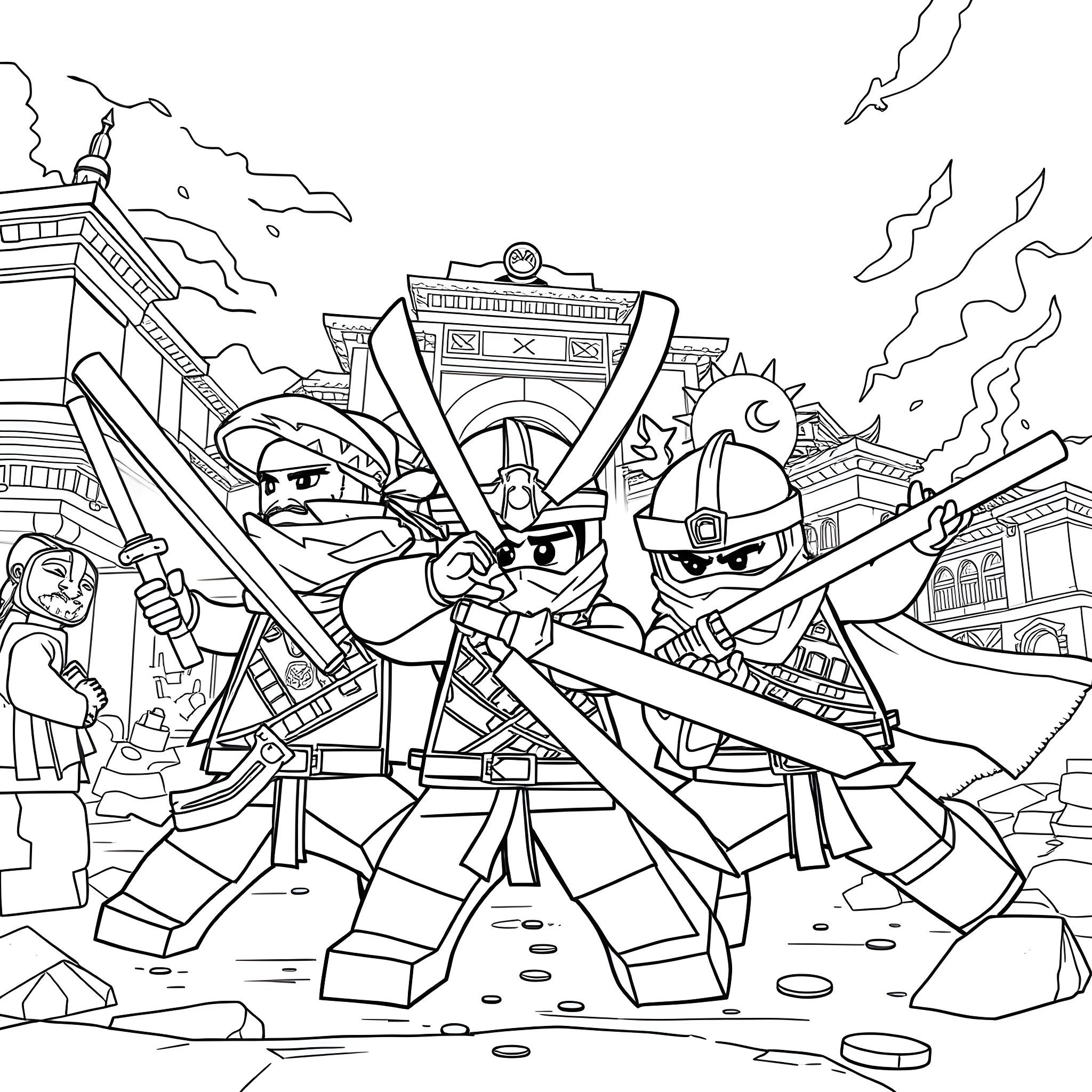 Ninjago warriors in fierce battle with weapons Coloring Page (free black-and-white line drawing printable PDF for all, from beginners to advanced learners, including children, teens, adults, and seniors)