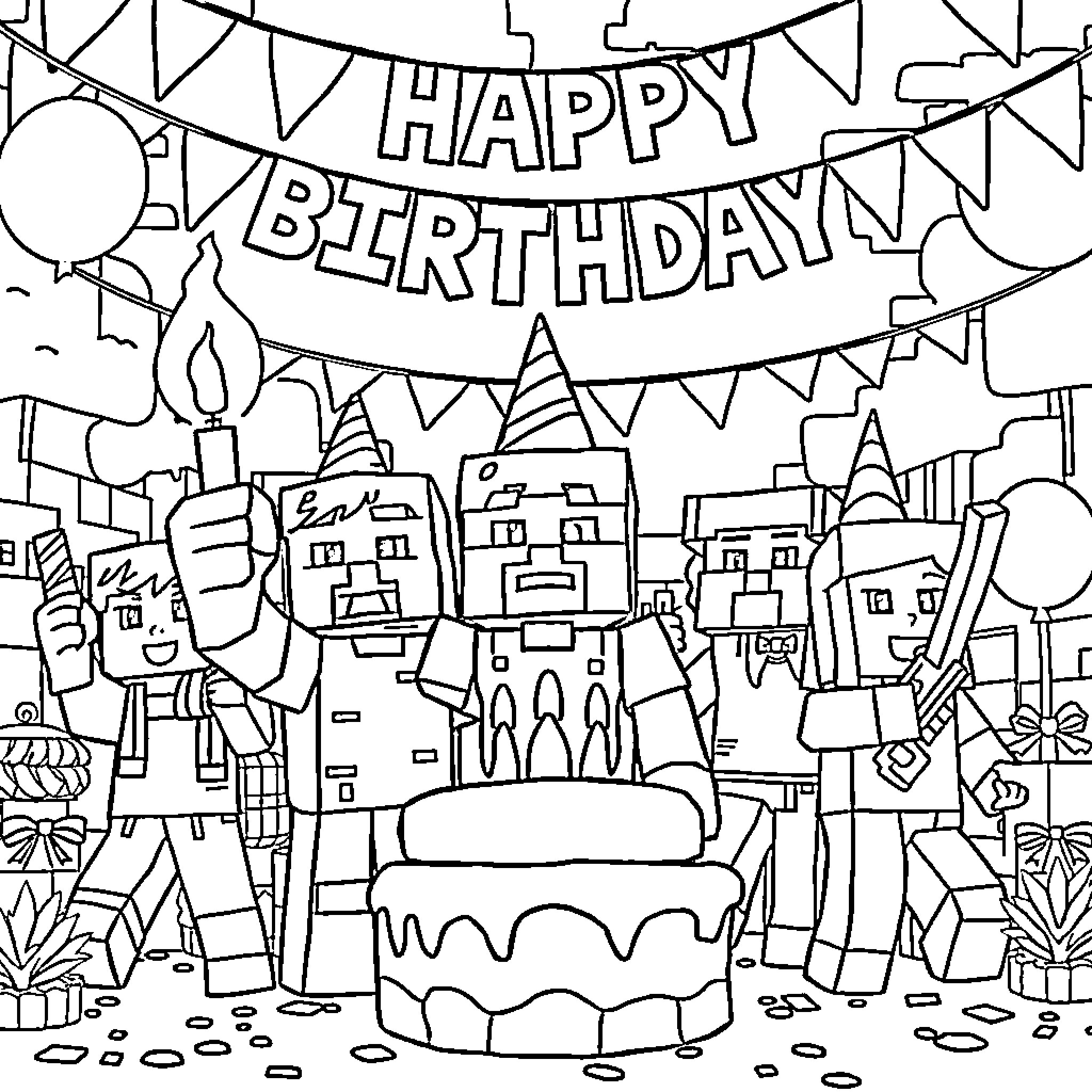 Minecraft Happy Birthday Party Celebration Coloring Page (free black-and-white line drawing printable PDF for all, from beginners to advanced learners, including children, teens, adults, and seniors)