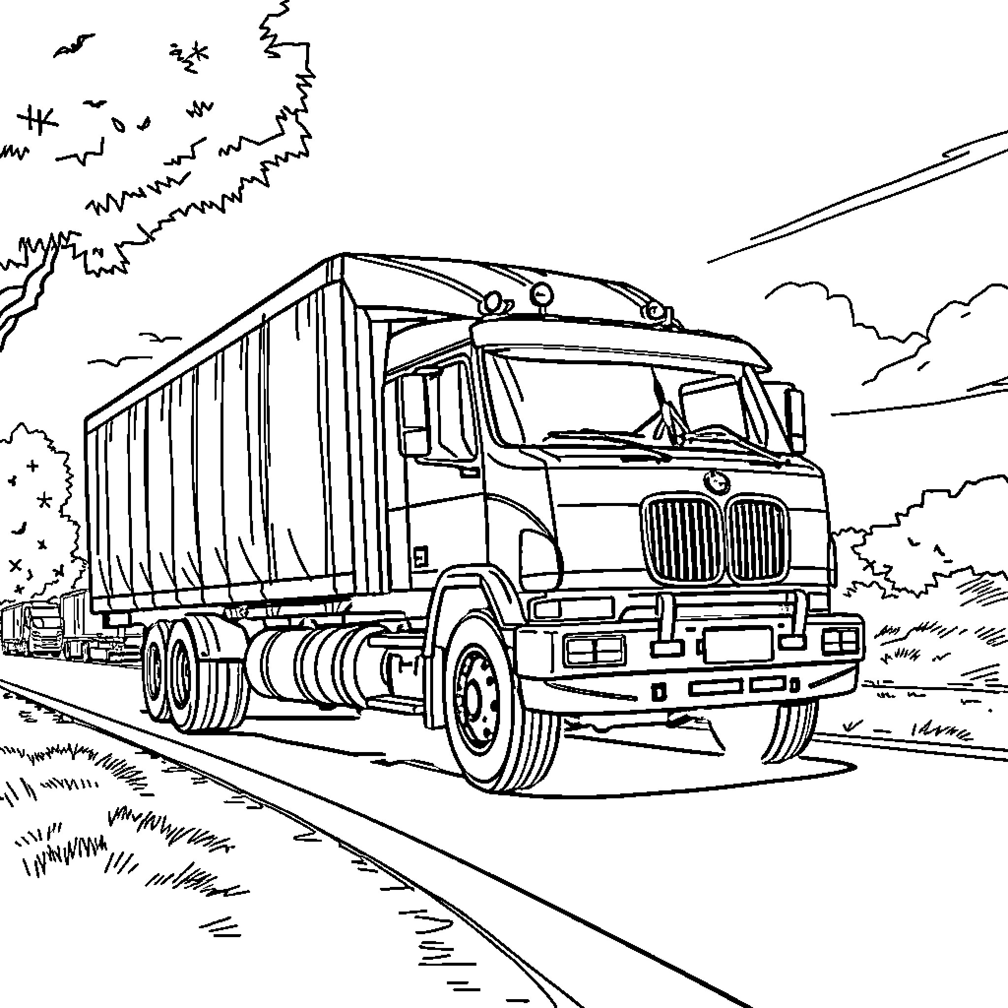 BMW Truck driving on a rural road Coloring Page (free black-and-white line drawing printable PDF for all, from beginners to advanced learners, including children, teens, adults, and seniors)