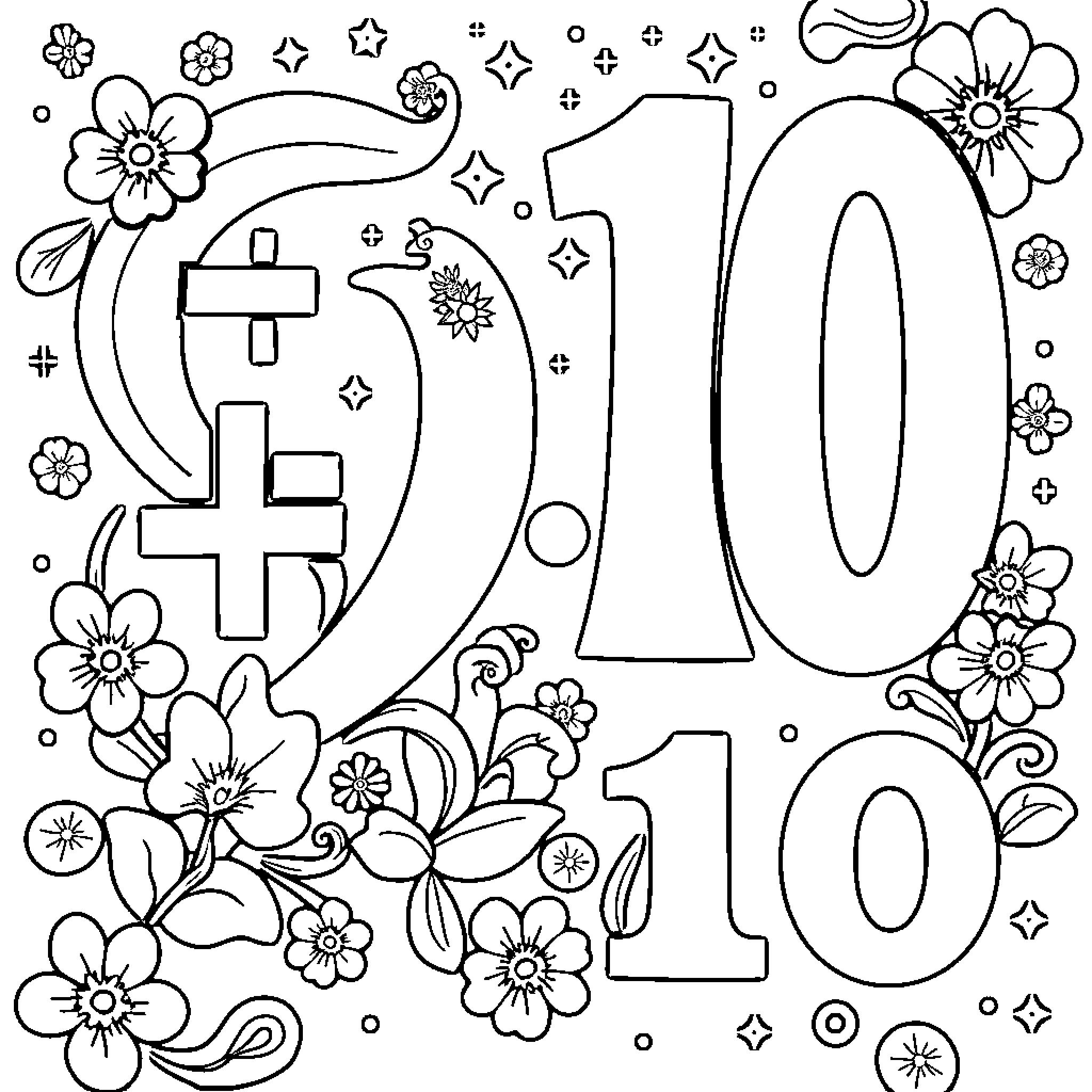 Decorative floral elements and numbers Coloring Page (free black-and-white line drawing printable PDF for all, from beginners to advanced learners, including children, teens, adults, and seniors)