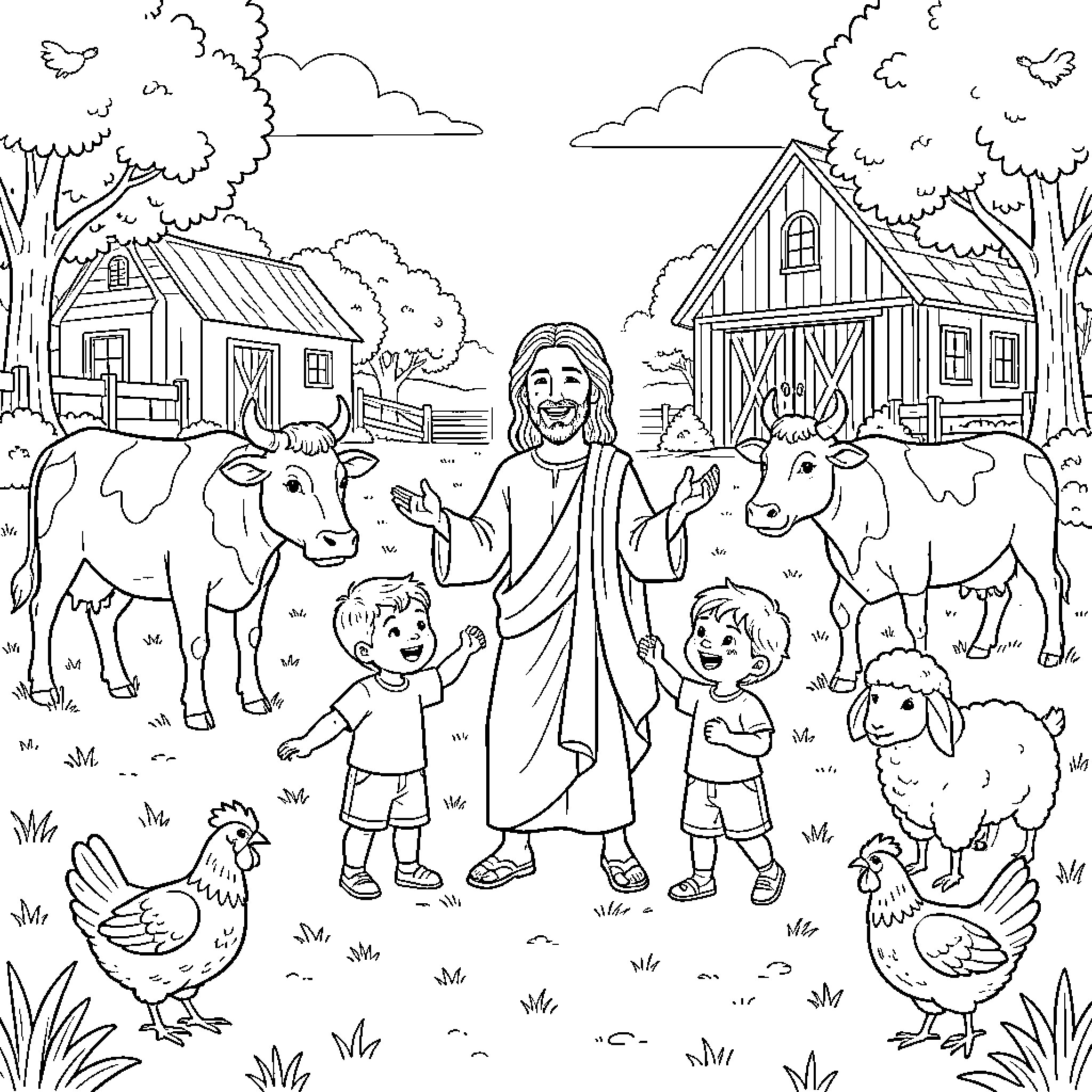 Jesucristo blessing children and animals in the countryside Coloring Page (free black-and-white line drawing printable PDF for all, from beginners to advanced learners, including children, teens, adults, and seniors)