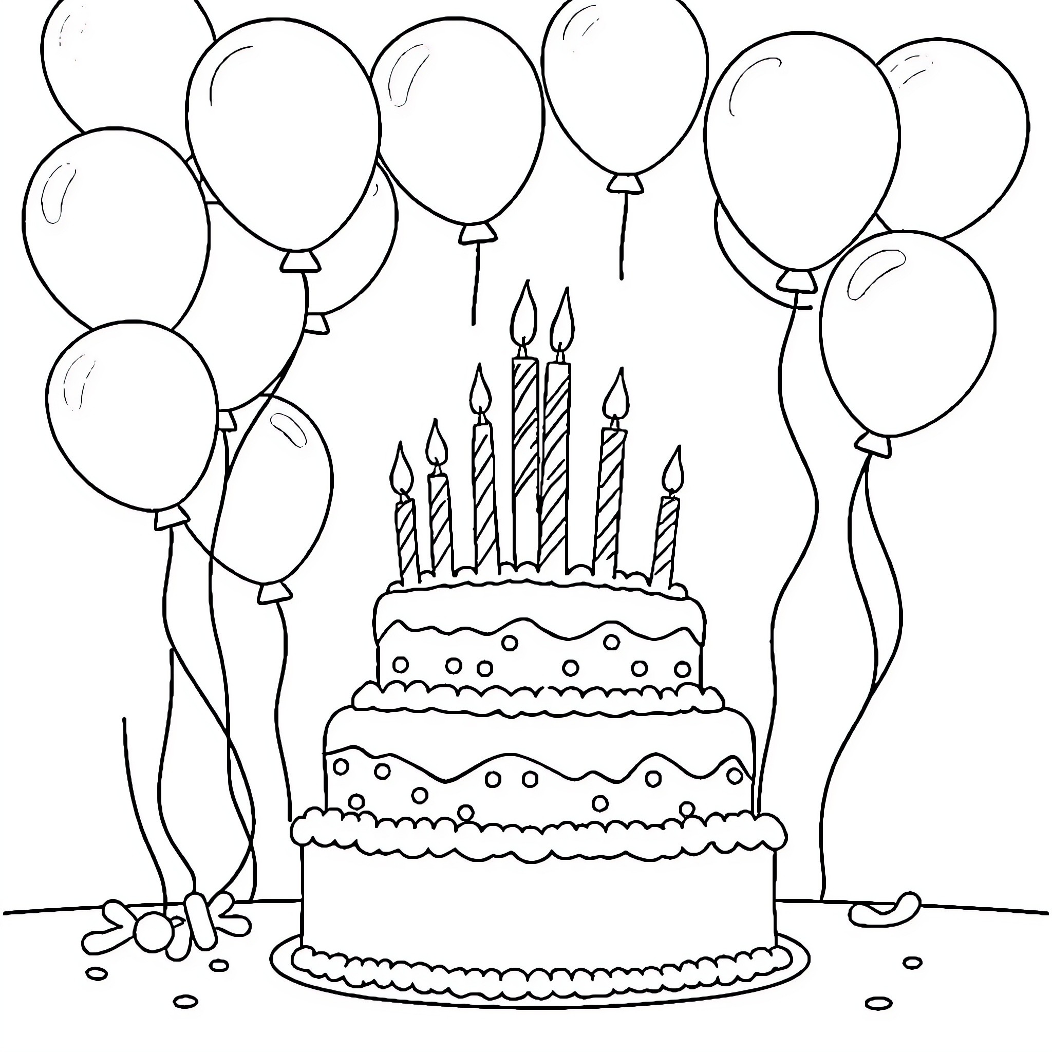 Birthday celebration with cake and balloons Coloring Page (free black-and-white line drawing printable PDF for all, from beginners to advanced learners, including children, teens, adults, and seniors)