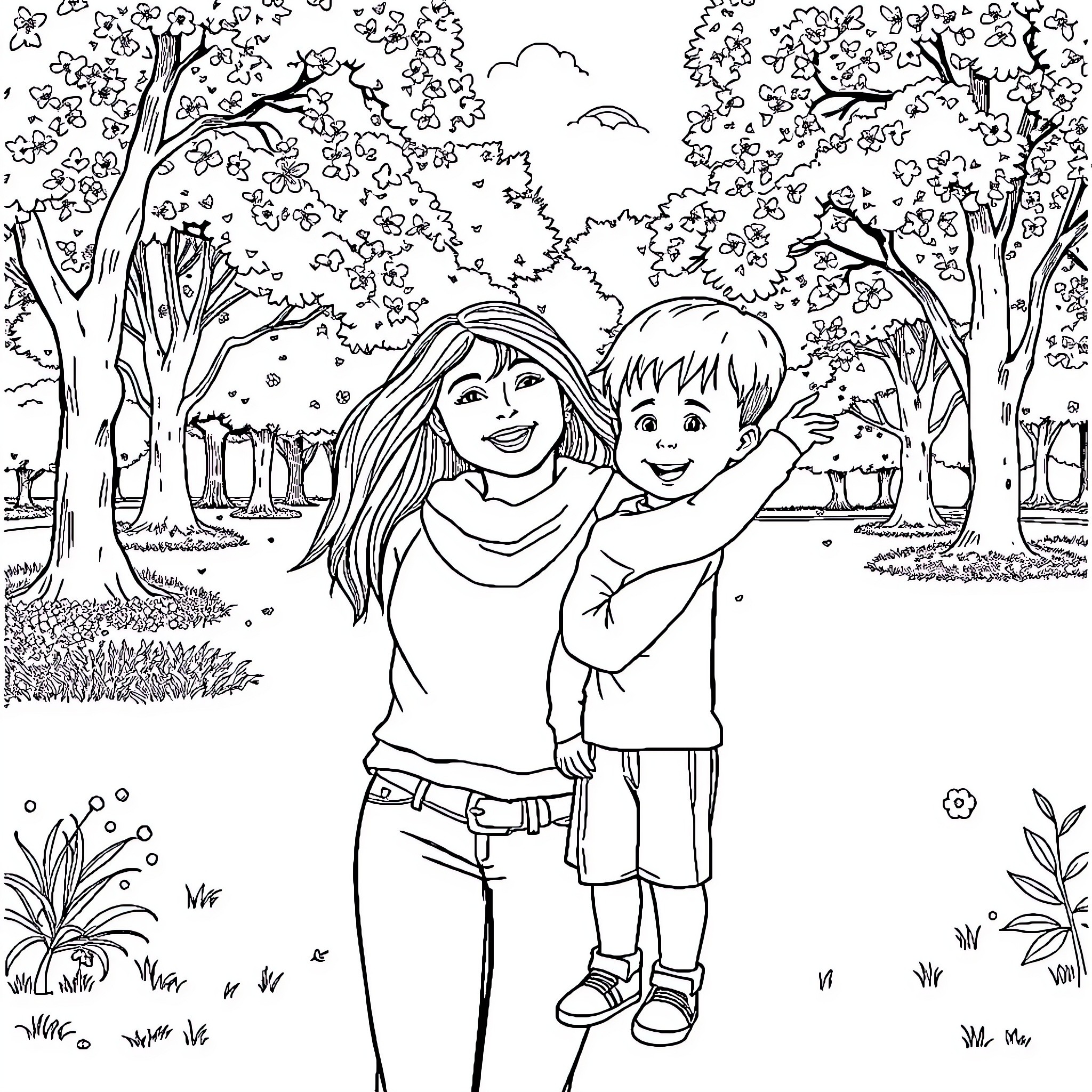 Grandmother embracing her grandson in the park Coloring Page (free black-and-white line drawing printable PDF for all, from beginners to advanced learners, including children, teens, adults, and seniors)