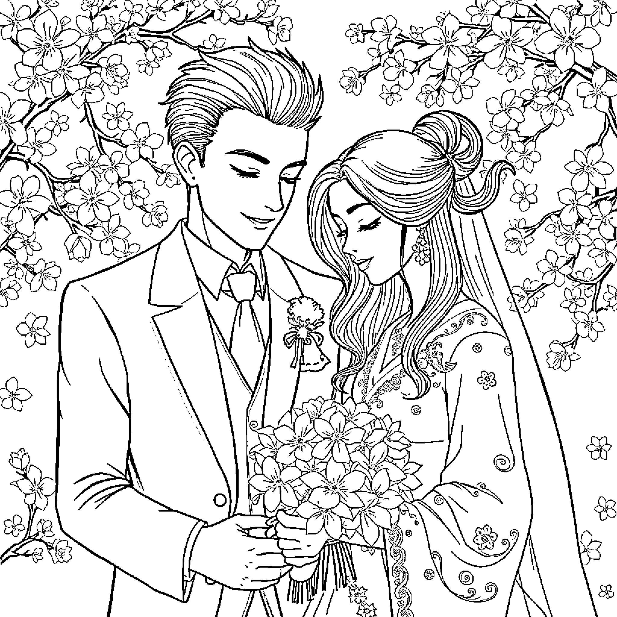 Mujer y hombre vestidos elegantemente con flores Coloring Page (free black-and-white line drawing printable PDF for all, from beginners to advanced learners, including children, teens, adults, and seniors)