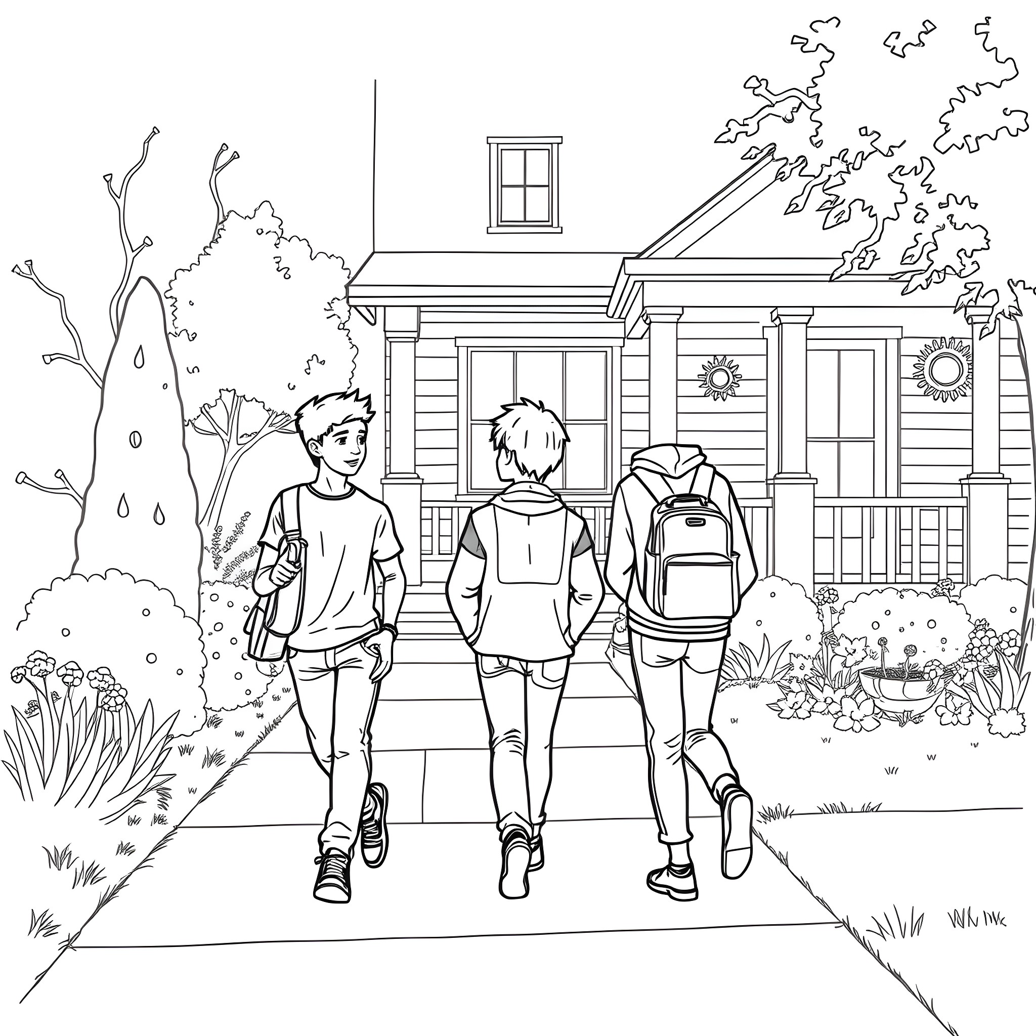 Teenagers walking home from school Coloring Page (free black-and-white line drawing printable PDF for all, from beginners to advanced learners, including children, teens, adults, and seniors)