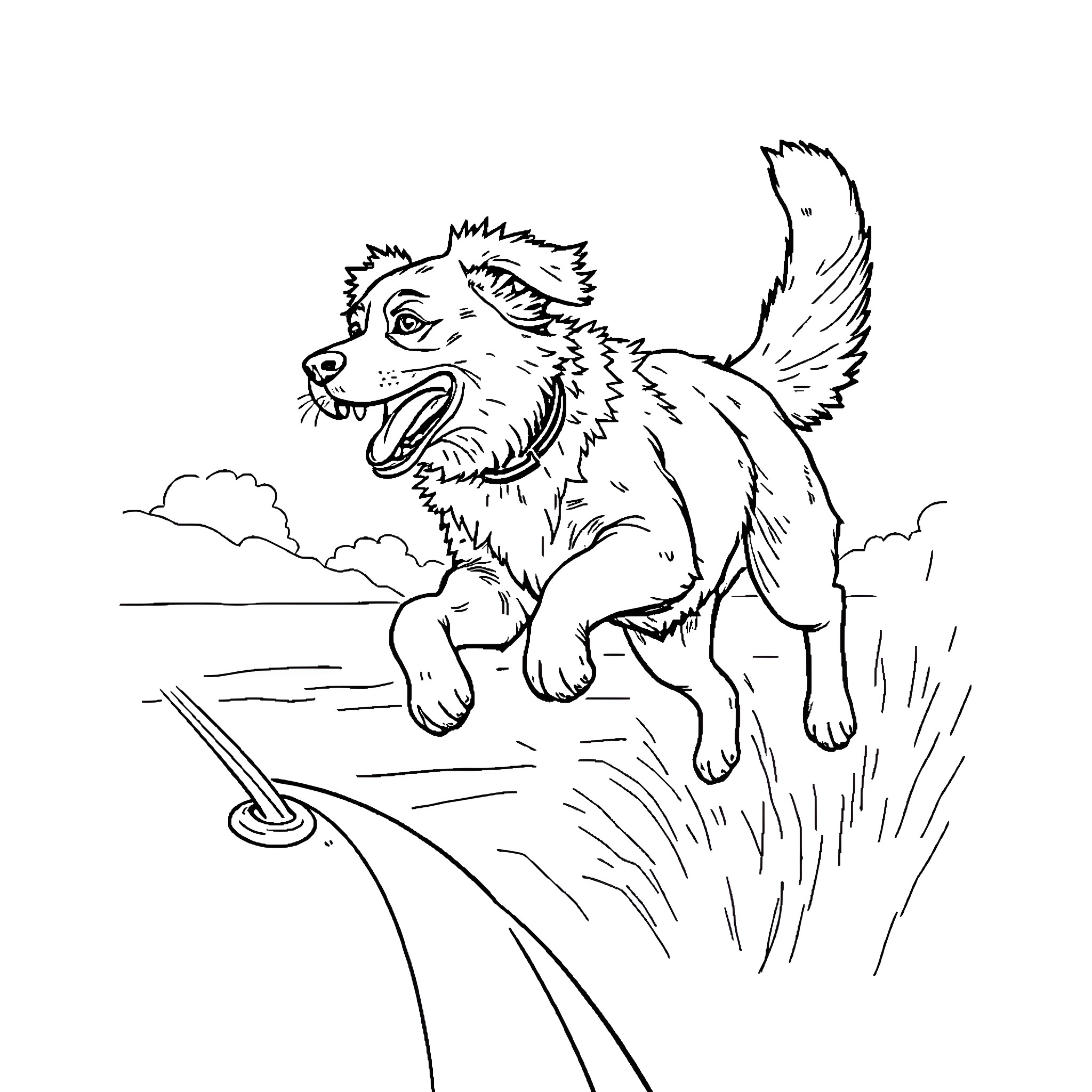 Dog chasing after a toy in the park Coloring Page (free black-and-white line drawing printable PDF for all, from beginners to advanced learners, including children, teens, adults, and seniors)