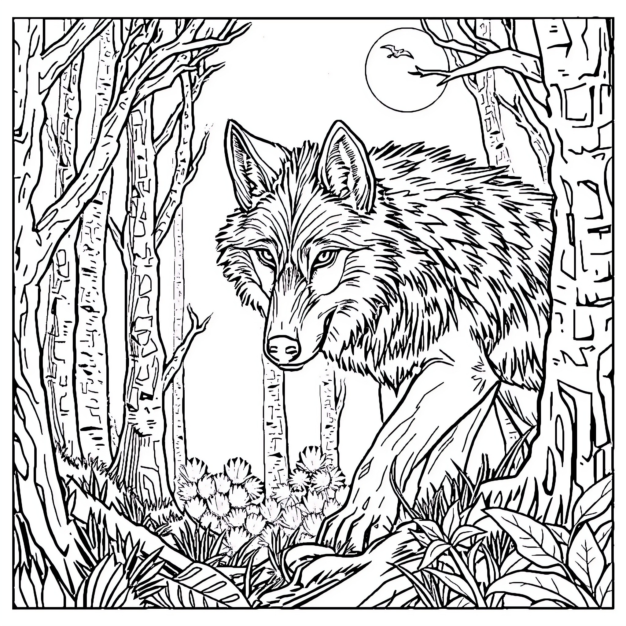 Loup Gazing at the Moon in the Moonlit Forest Coloring Page (free black-and-white line drawing printable PDF for all, from beginners to advanced learners, including children, teens, adults, and seniors)