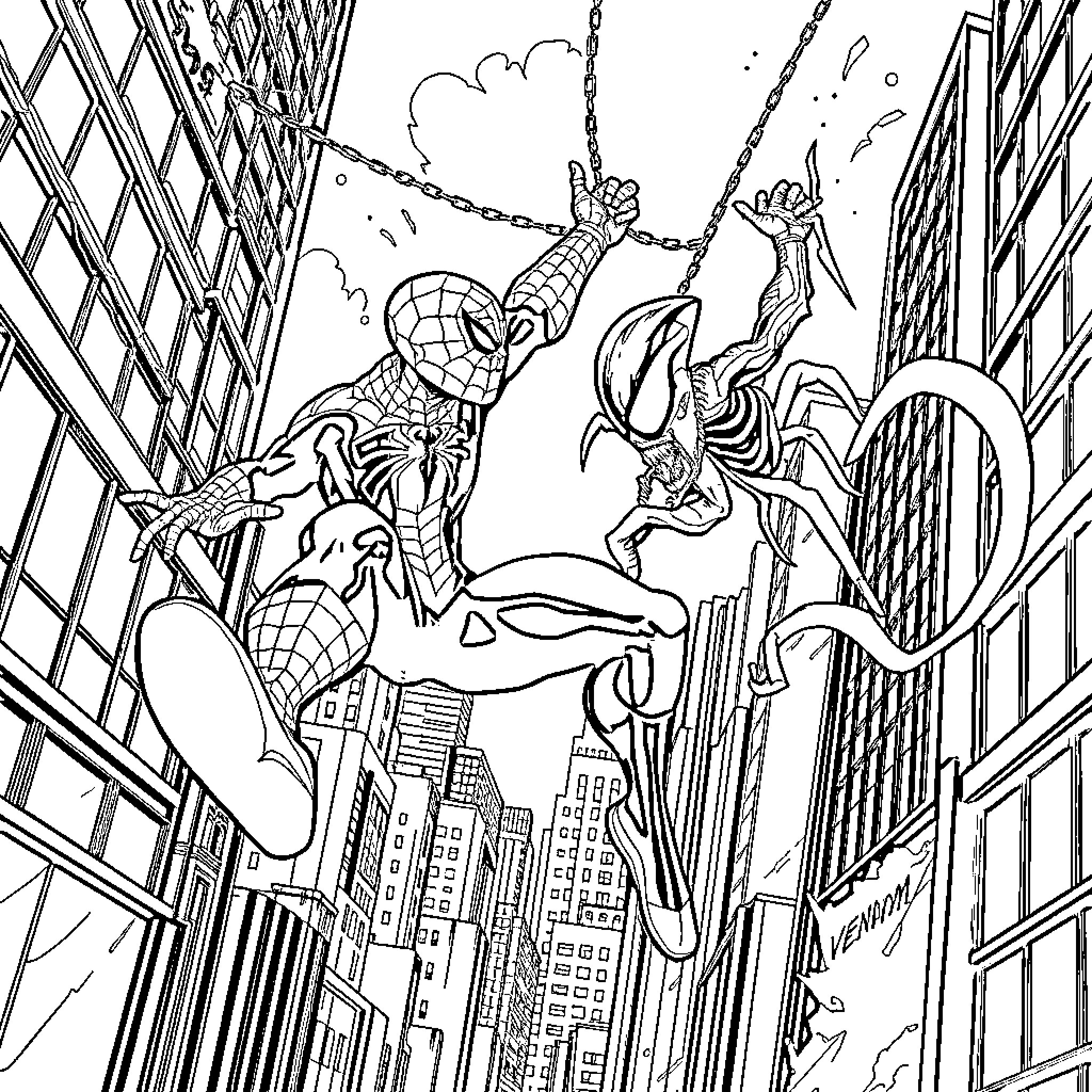 Spiderman swinging heroically amidst cityscapes and villains Coloring Page (free black-and-white line drawing printable PDF for all, from beginners to advanced learners, including children, teens, adults, and seniors)