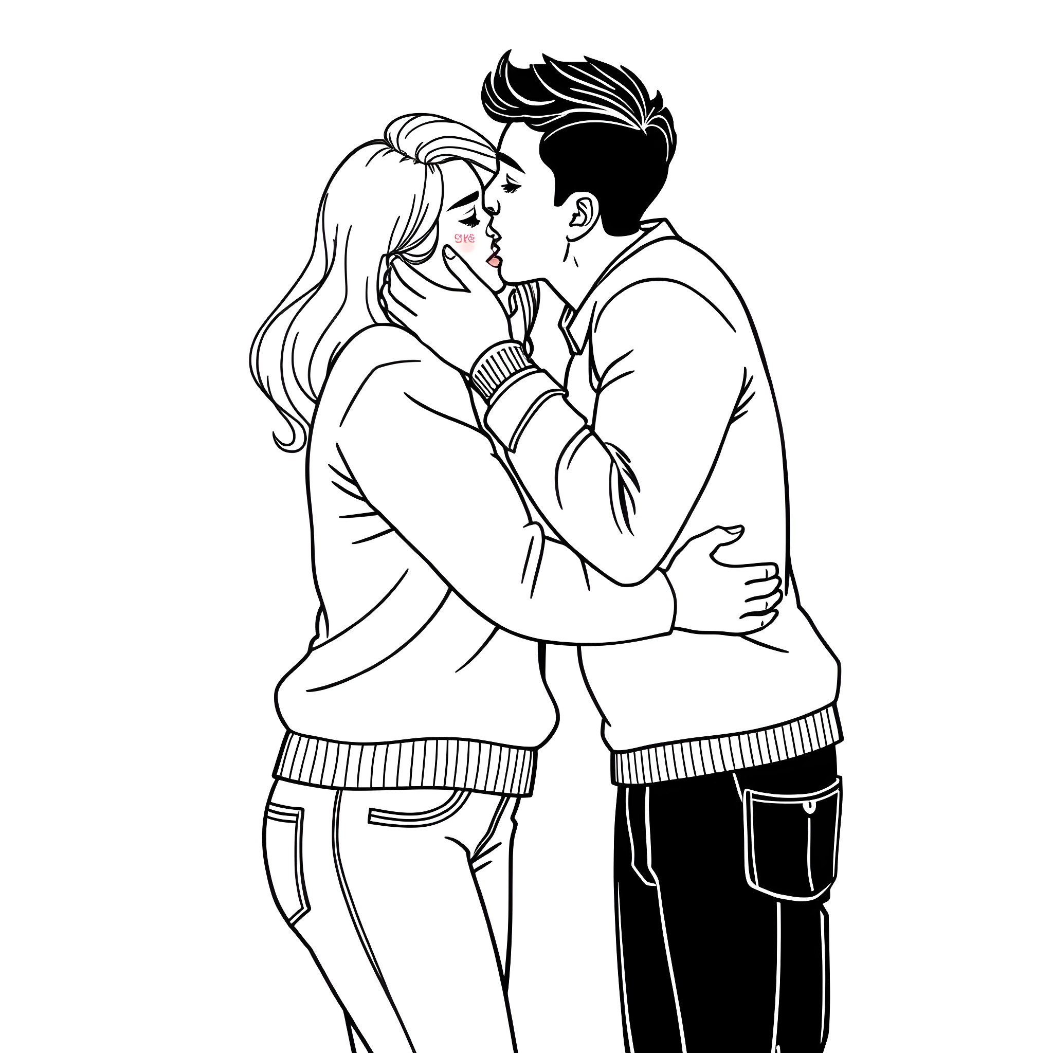 Wife embracing husband affectionately in winter attire Coloring Page (free black-and-white line drawing printable PDF for all, from beginners to advanced learners, including children, teens, adults, and seniors)