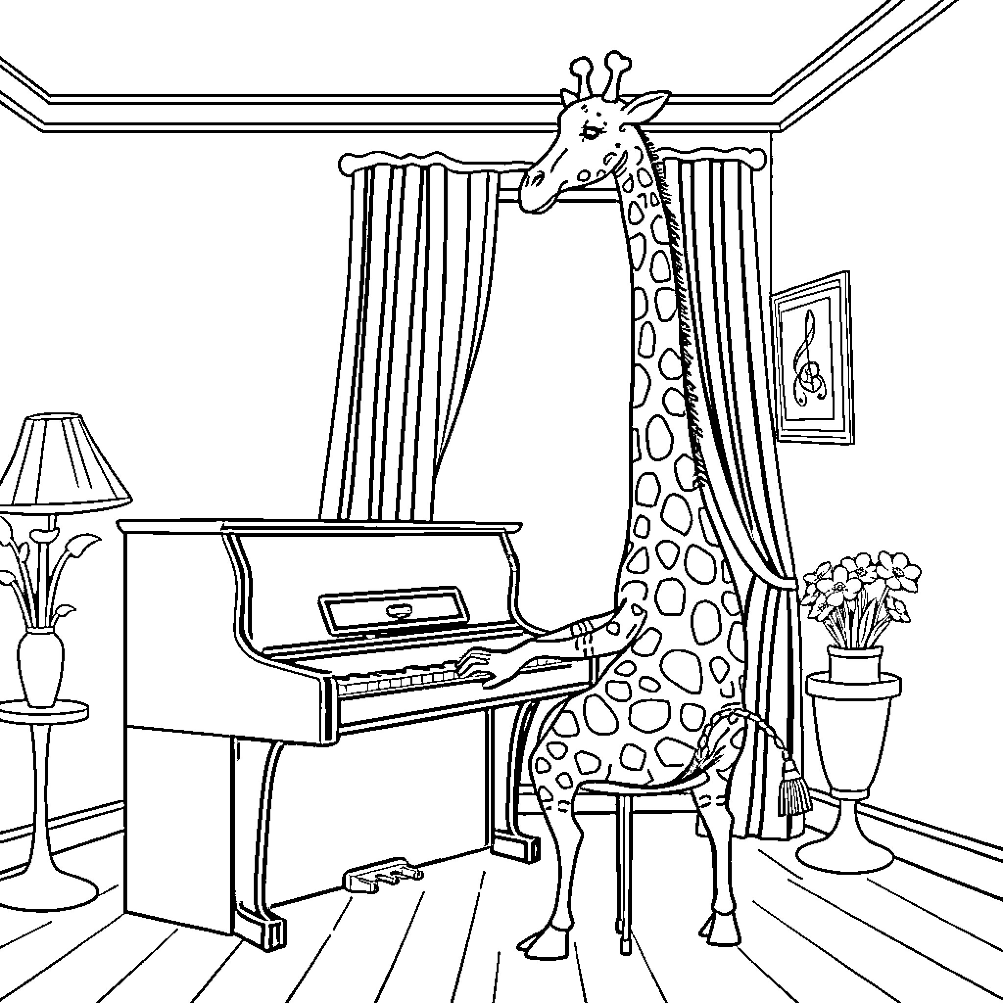 Giraffe playing piano in a fancy room Coloring Page (free black-and-white line drawing printable PDF for all, from beginners to advanced learners, including children, teens, adults, and seniors)