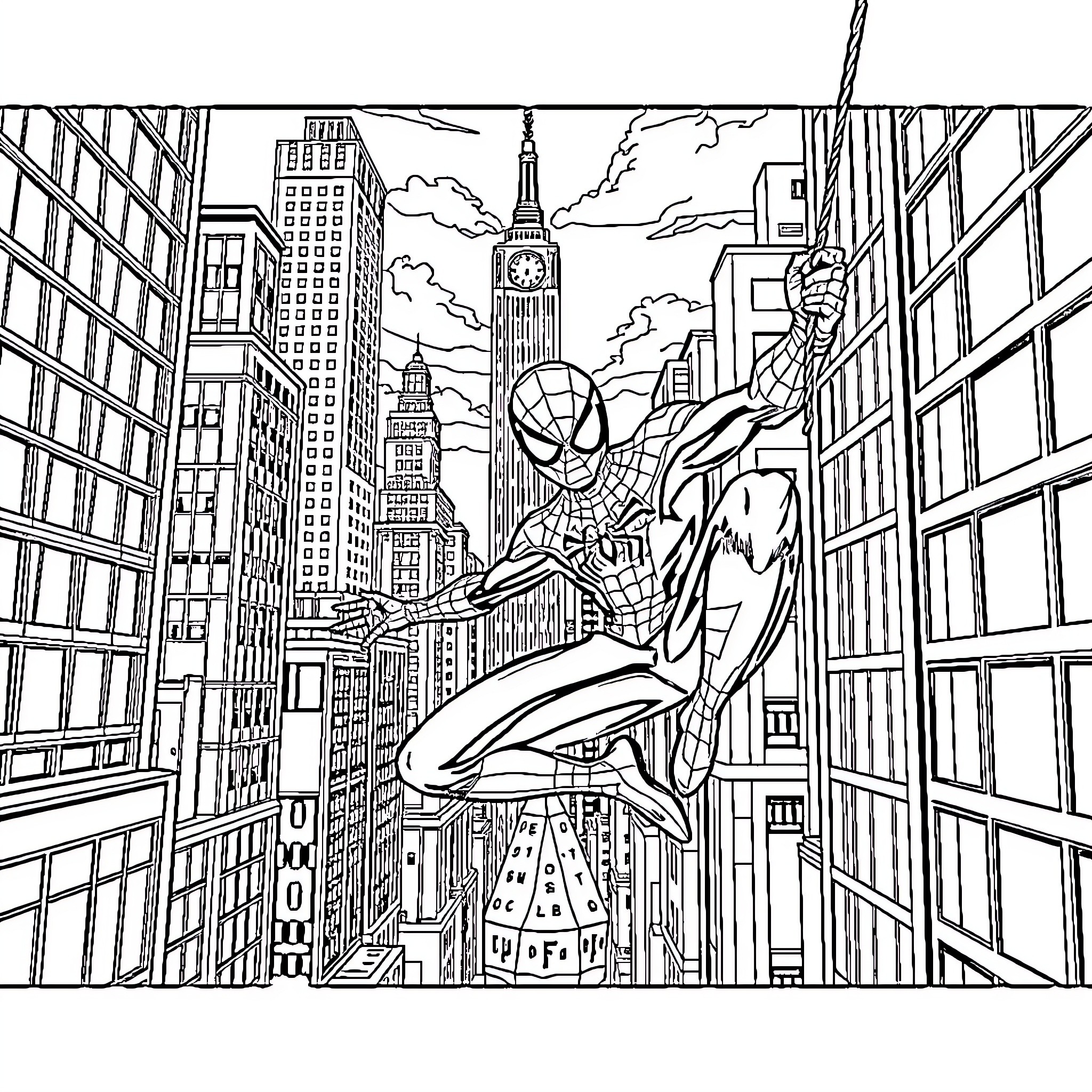 Spiderman swinging through the city skyline Coloring Page (free black-and-white line drawing printable PDF for all, from beginners to advanced learners, including children, teens, adults, and seniors)
