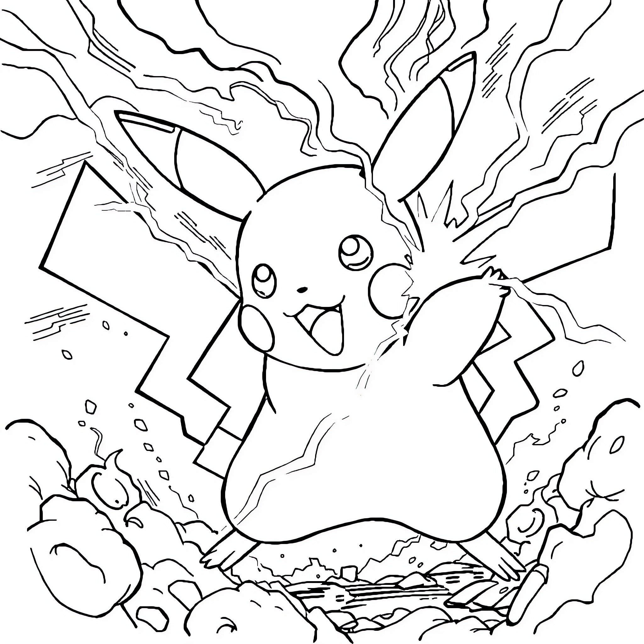 Pikachu using powerful electric attack Coloring Page (free black-and-white line drawing printable PDF for all, from beginners to advanced learners, including children, teens, adults, and seniors)
