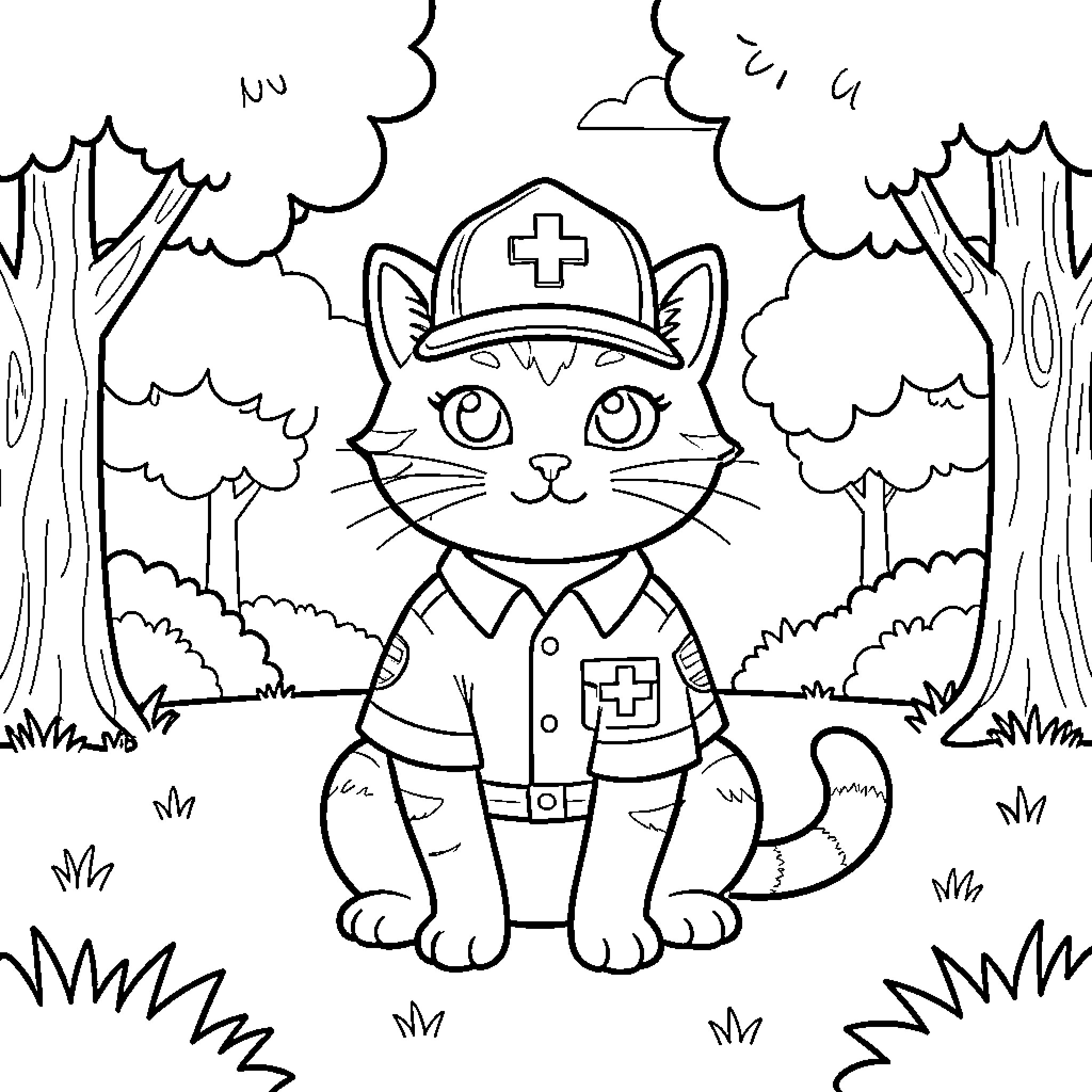 Cat Nurse in the Forest Coloring Page (free black-and-white line drawing printable PDF for all, from beginners to advanced learners, including children, teens, adults, and seniors)
