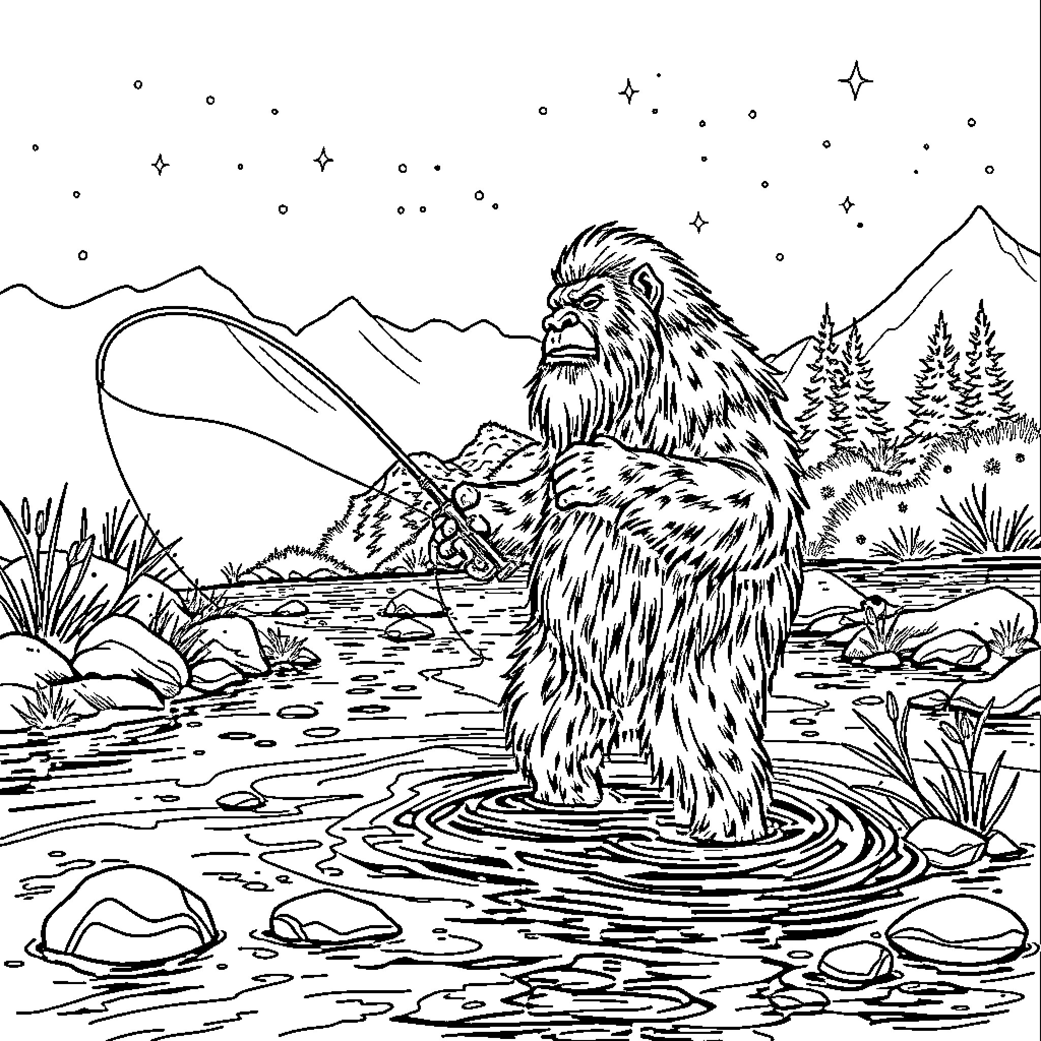 Yeti fishing peacefully in the wilderness Coloring Page (free black-and-white line drawing printable PDF for all, from beginners to advanced learners, including children, teens, adults, and seniors)