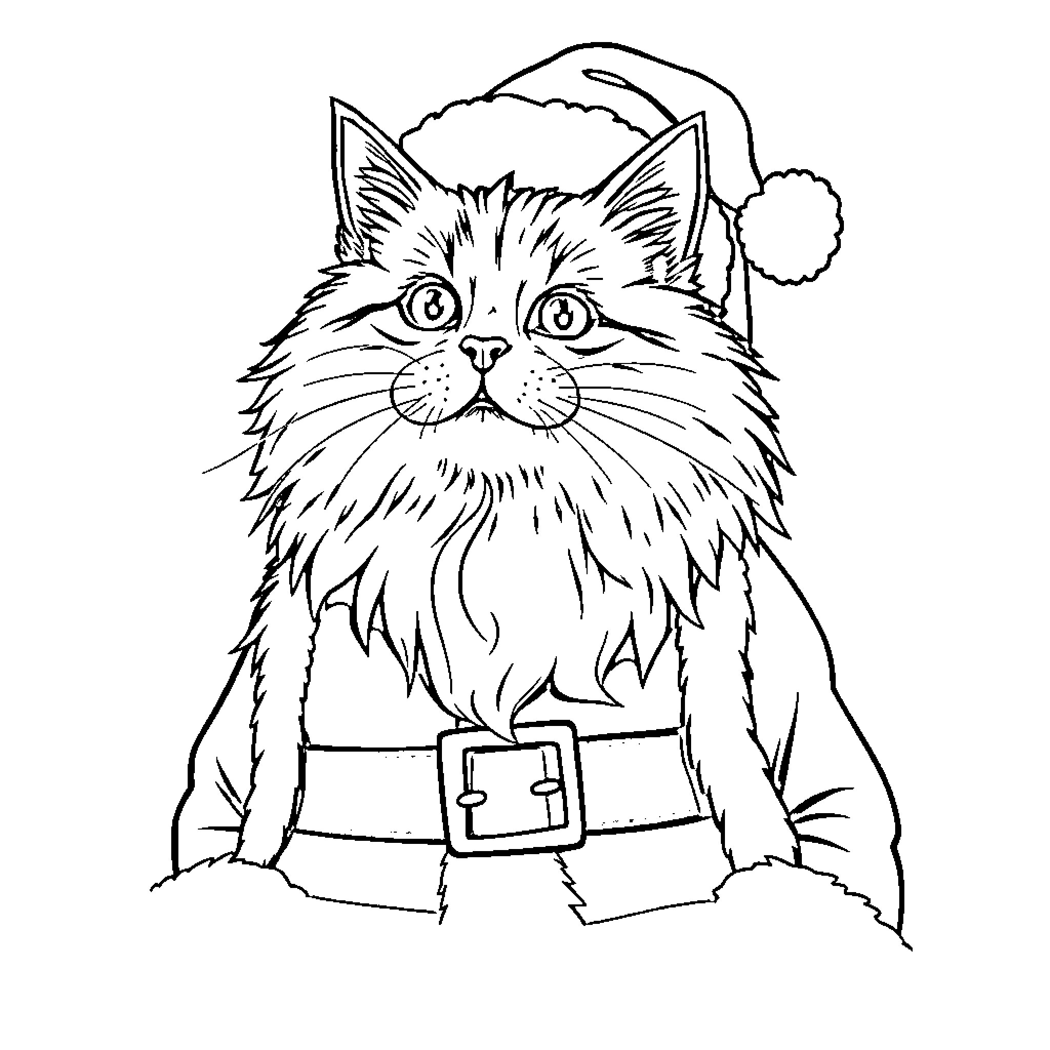 Cat wearing Santa hat Coloring Page (free black-and-white line drawing printable PDF for all, from beginners to advanced learners, including children, teens, adults, and seniors)