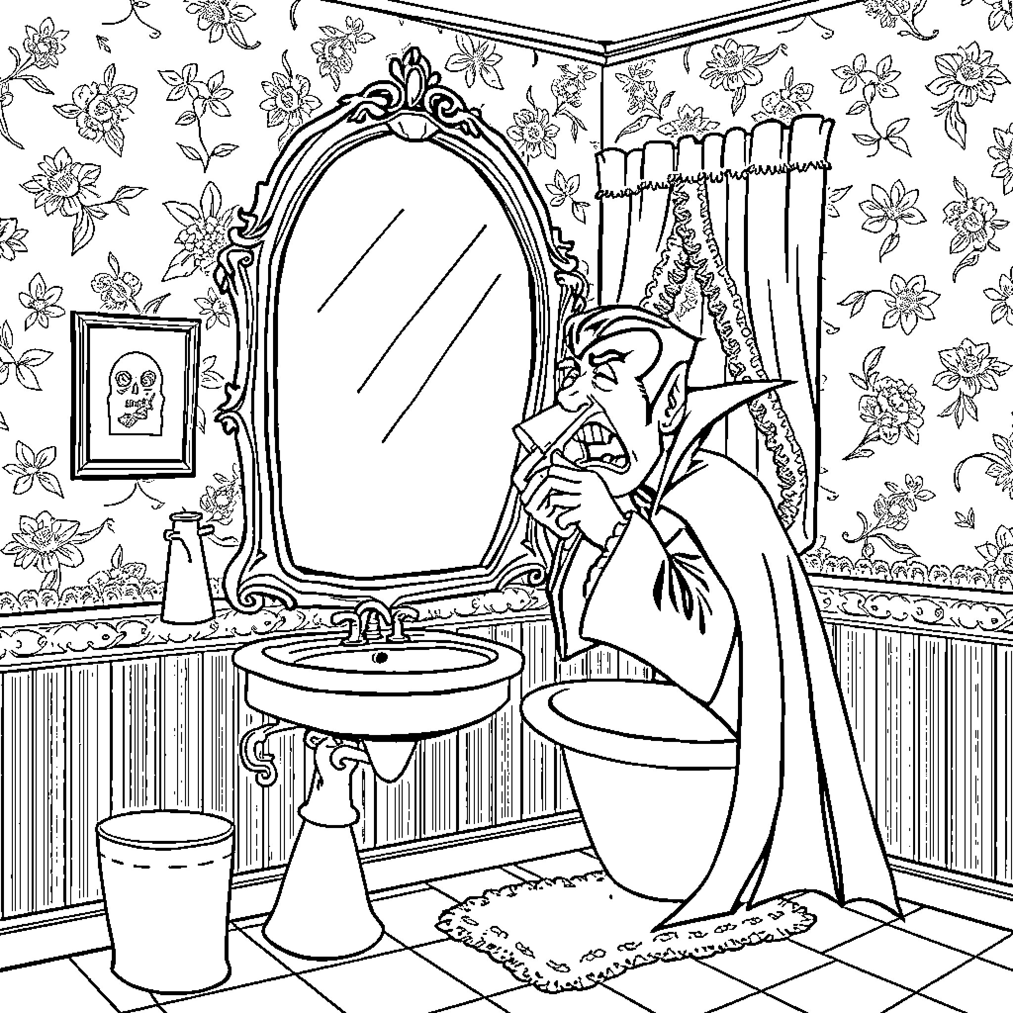 Dracula applying makeup in an ornate bathroom Coloring Page (free black-and-white line drawing printable PDF for all, from beginners to advanced learners, including children, teens, adults, and seniors)