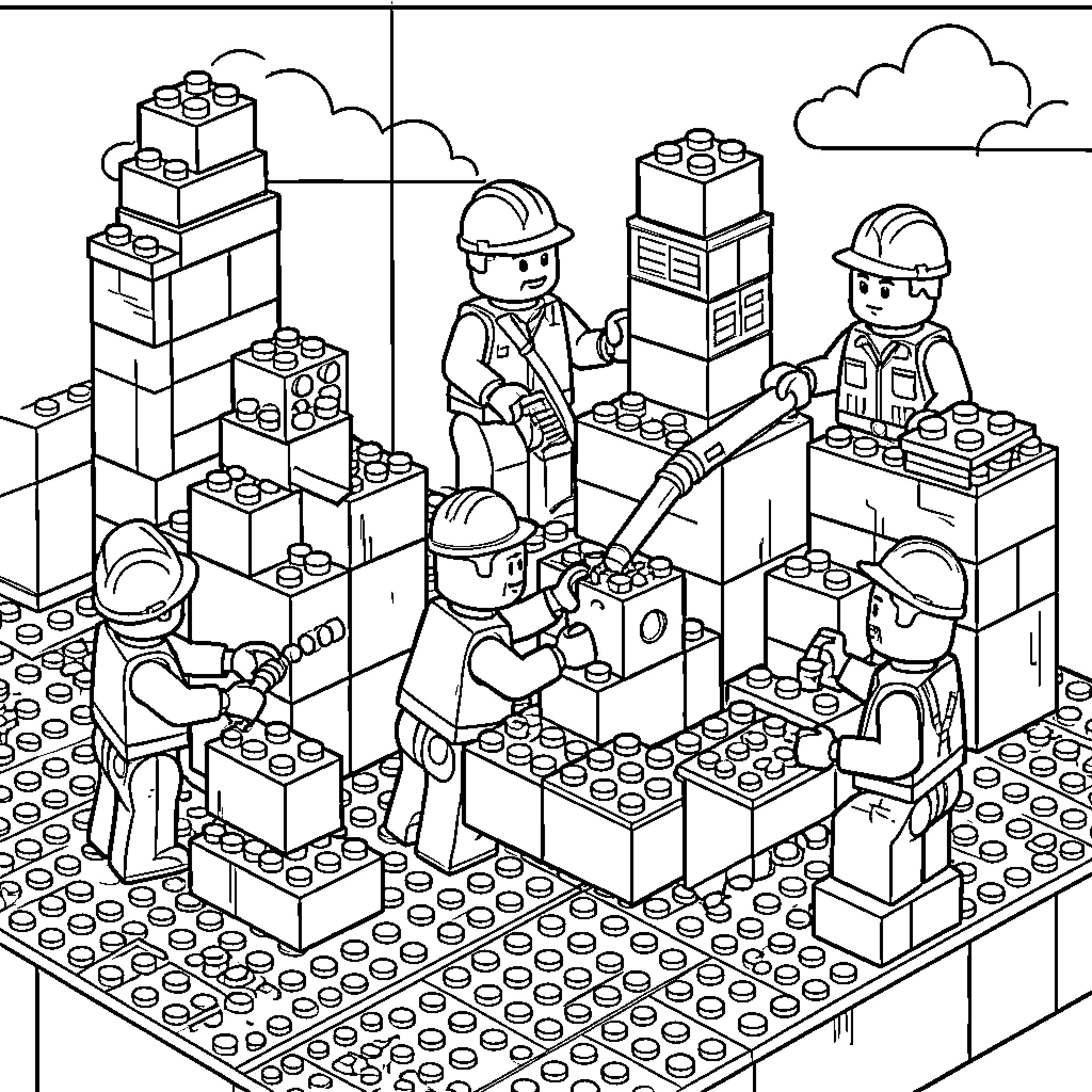 Lego Workers Constructing a Building Coloring Page (free black-and-white line drawing printable PDF for all, from beginners to advanced learners, including children, teens, adults, and seniors)