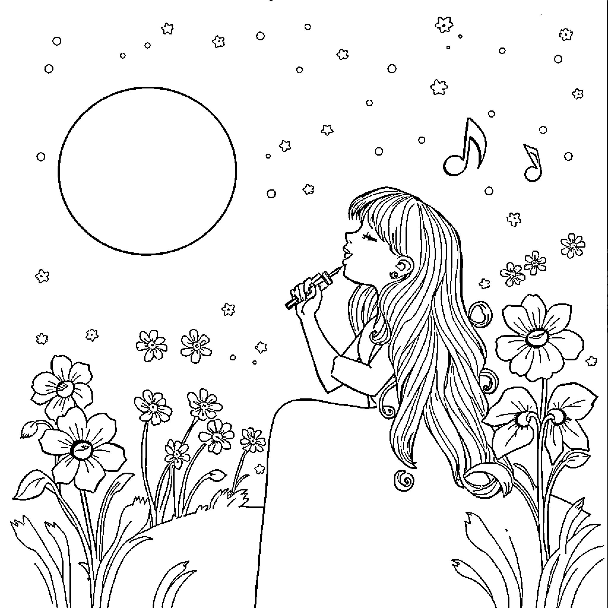 Tralalero girl singing blissfully in floral meadow Coloring Page (free black-and-white line drawing printable PDF for all, from beginners to advanced learners, including children, teens, adults, and seniors)