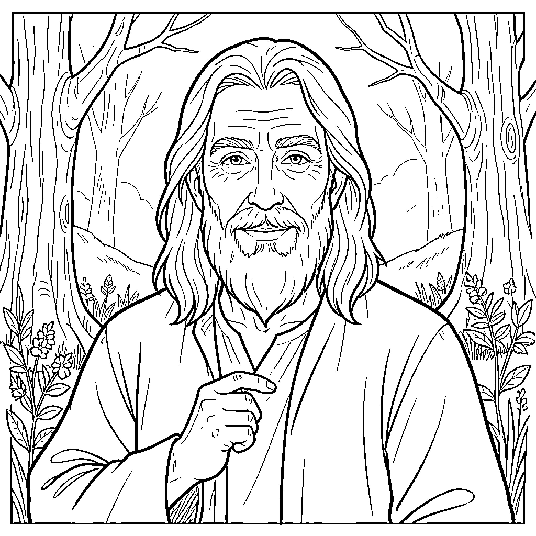 Rabbit in the forest with an elderly man Coloring Page (free black-and-white line drawing printable PDF for all, from beginners to advanced learners, including children, teens, adults, and seniors)