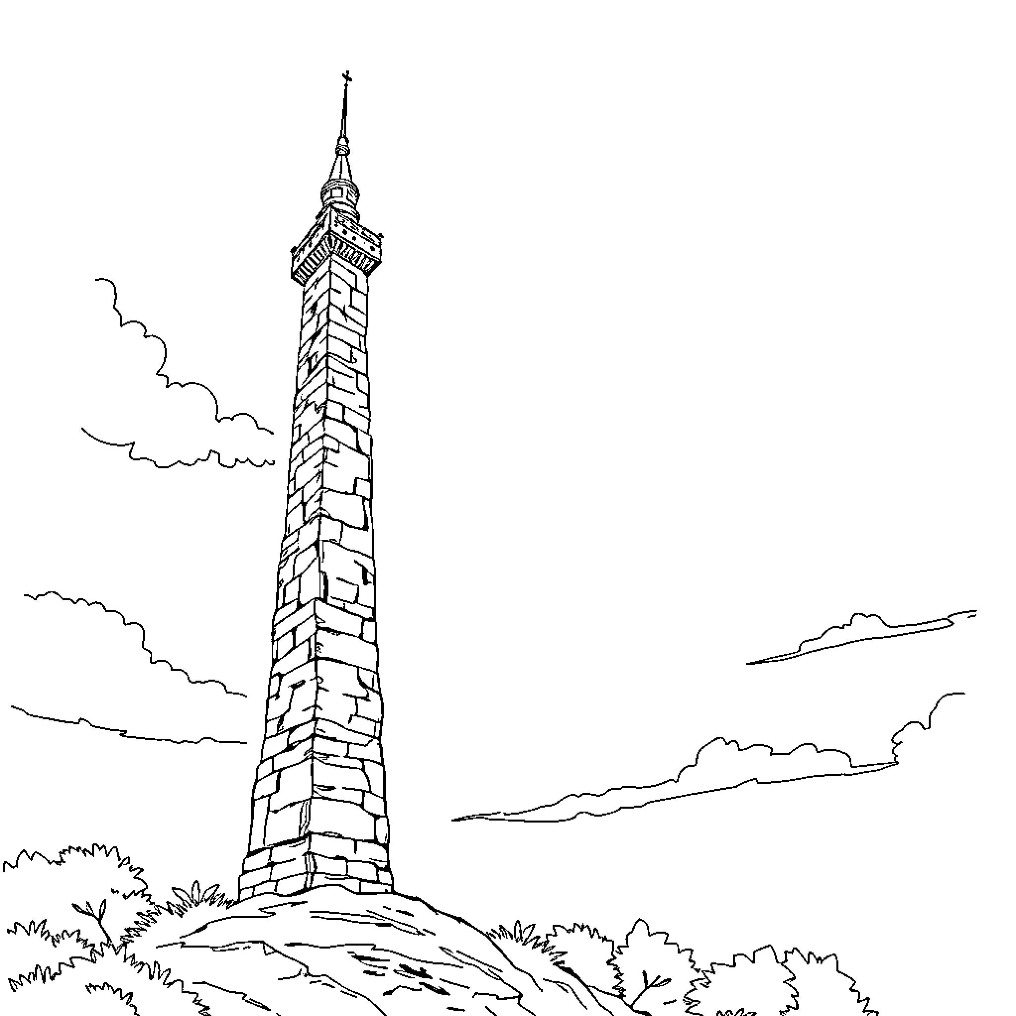 Tower overlooking scenic landscape Coloring Page (free black-and-white line drawing printable PDF for all, from beginners to advanced learners, including children, teens, adults, and seniors)