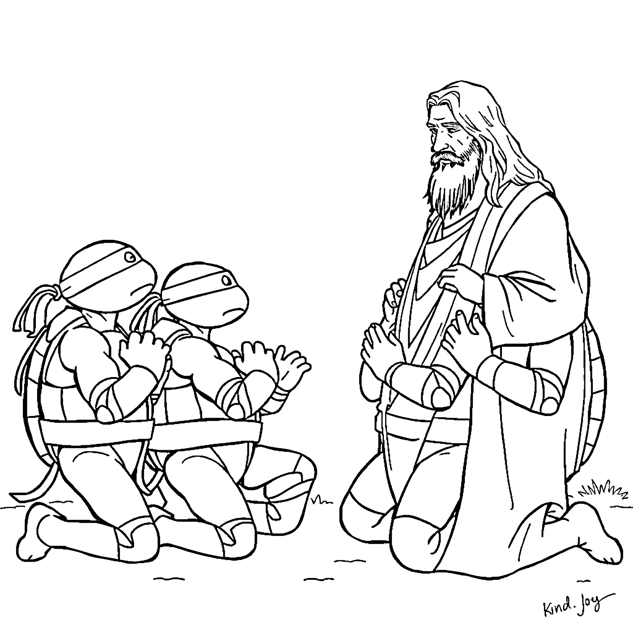 Teenage Mutant Ninja Turtle heroes meet wise old sage Coloring Page (free black-and-white line drawing printable PDF for all, from beginners to advanced learners, including children, teens, adults, and seniors)