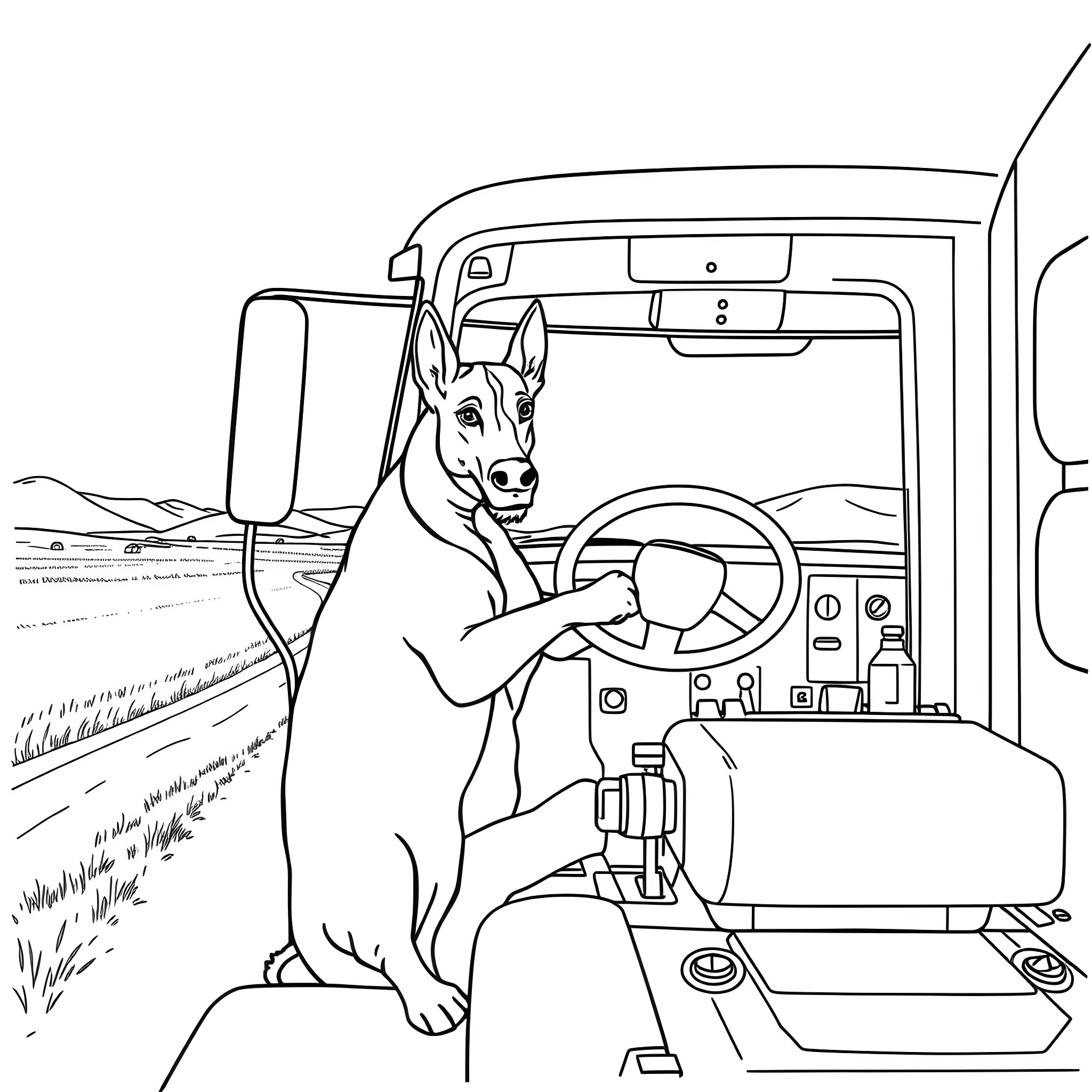 Heeler Driving a Camper Van on a Road Trip Coloring Page (free black-and-white line drawing printable PDF for all, from beginners to advanced learners, including children, teens, adults, and seniors)