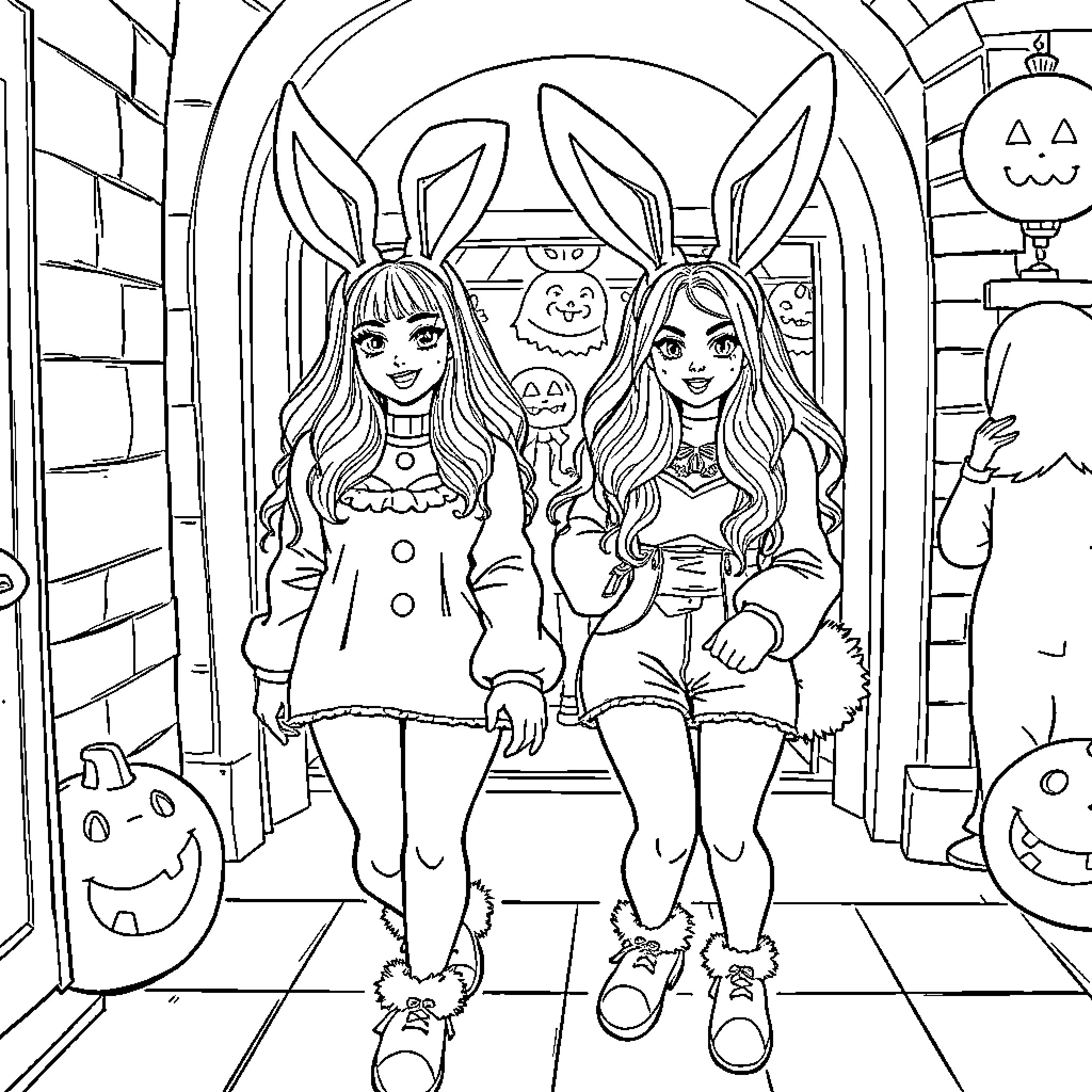 Rabbit sisters celebrating Halloween together Coloring Page (free black-and-white line drawing printable PDF for all, from beginners to advanced learners, including children, teens, adults, and seniors)