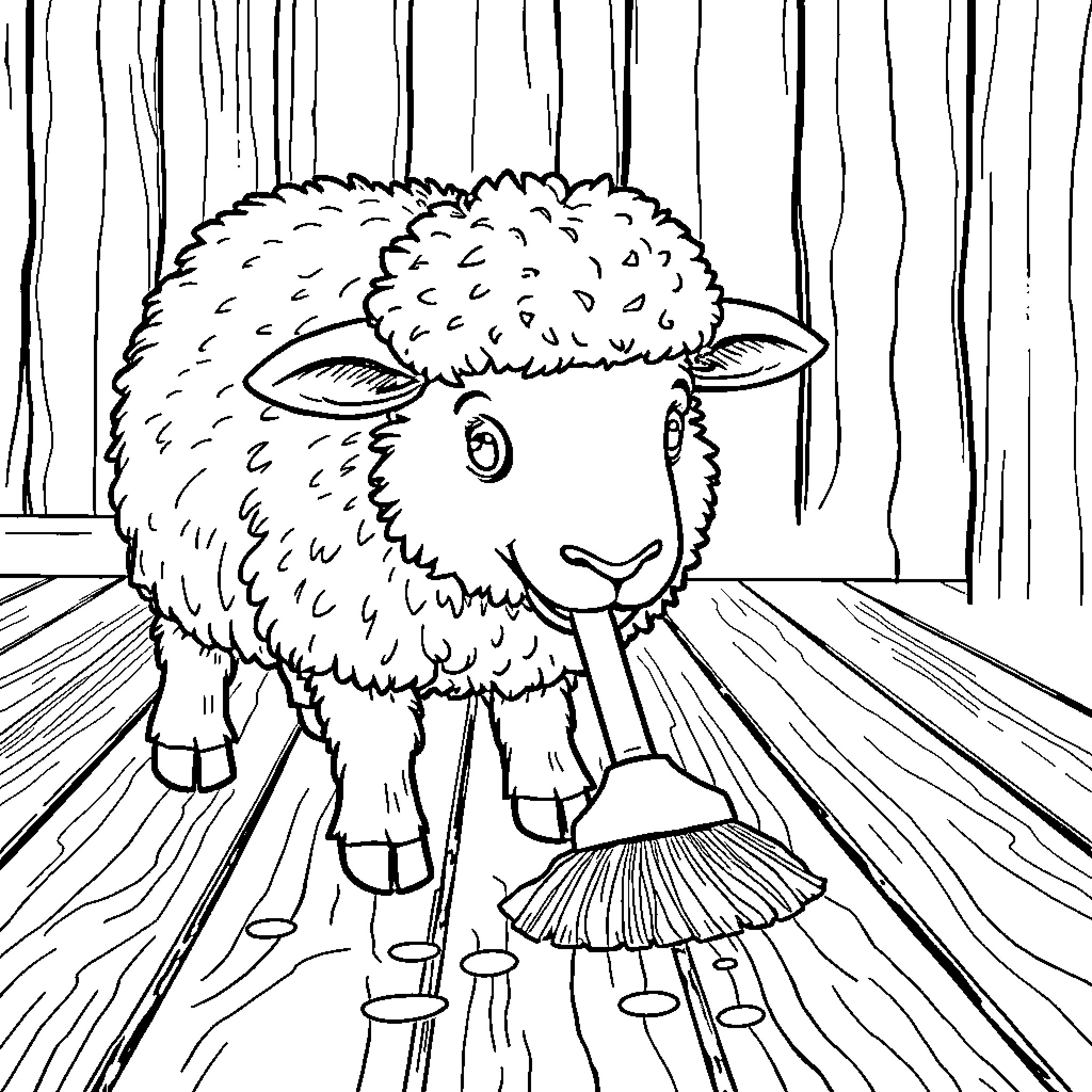 Sheep sweeping the floor with broom Coloring Page (free black-and-white line drawing printable PDF for all, from beginners to advanced learners, including children, teens, adults, and seniors)